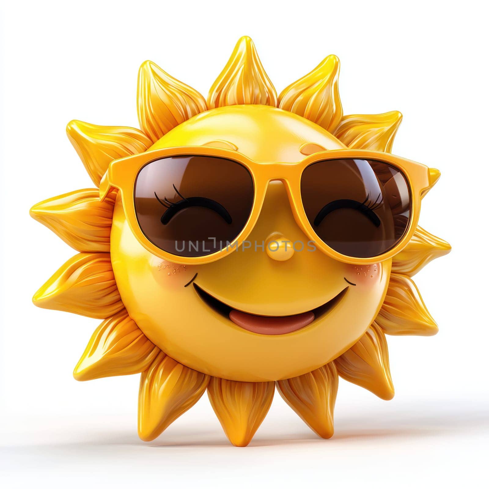 A cheerful sun with smiling face wearing sunglasses, radiating warmth and summer vibes