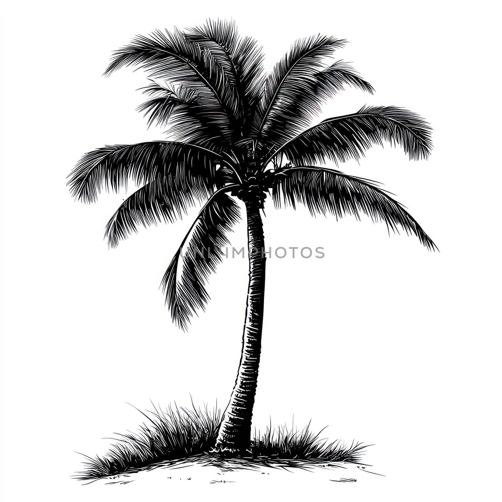 A Palm tree silhouette with coconuts, tropical vibe, black and white design, summer element, isolated on white