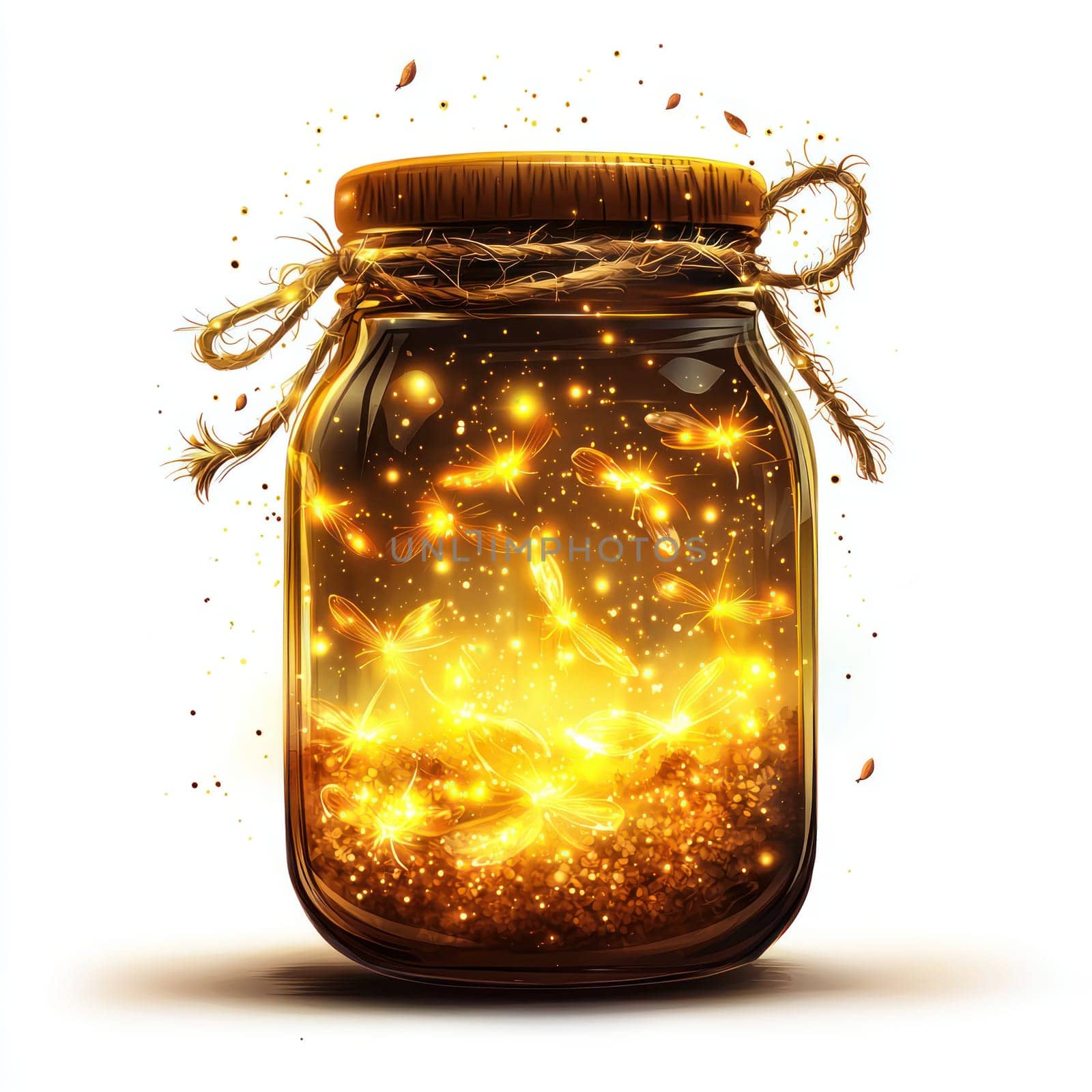 A glowing jar filled with fireflies emits warm golden light, evoking magical summer night