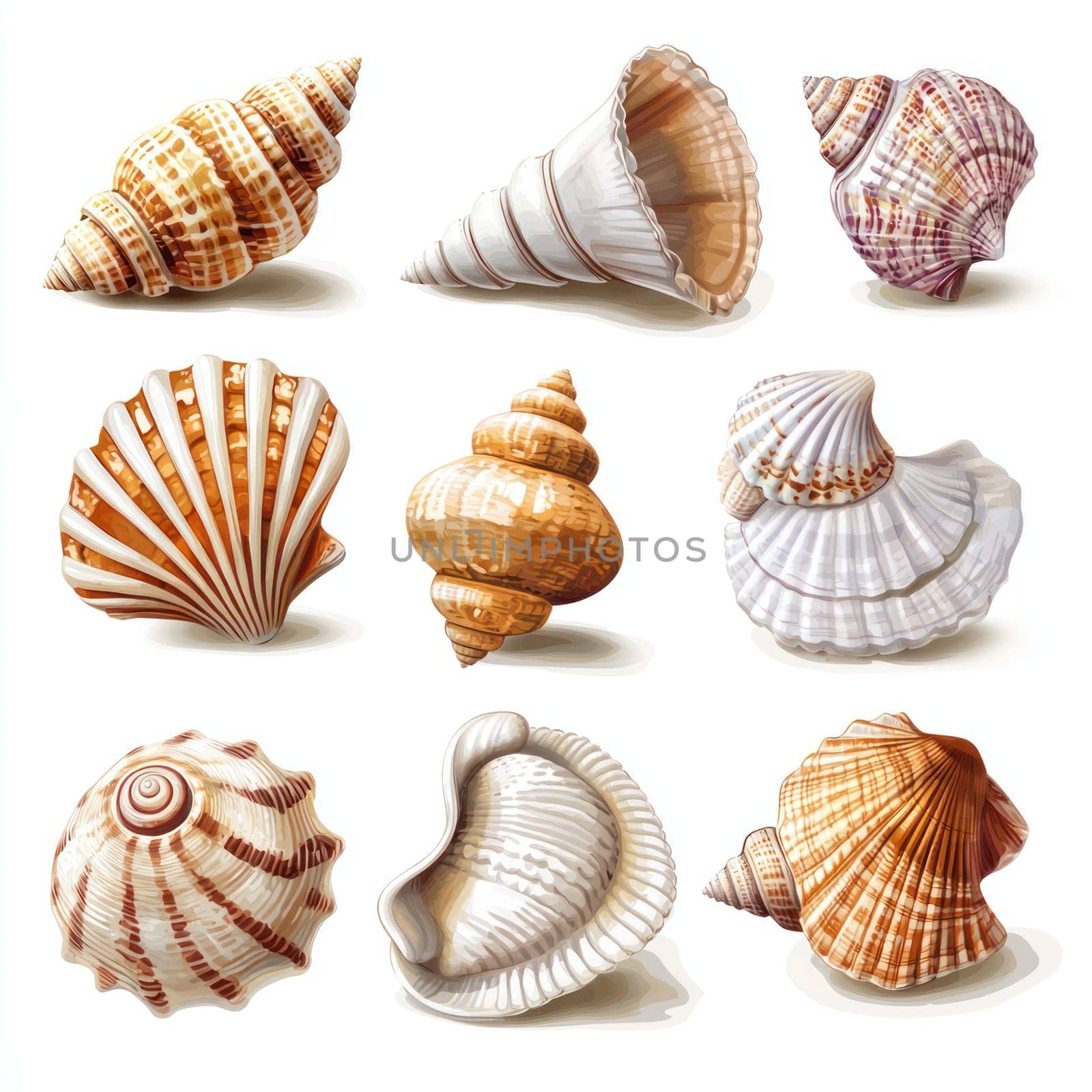 A collection of colorful seashells with intricate patterns and textures, displayed on white background