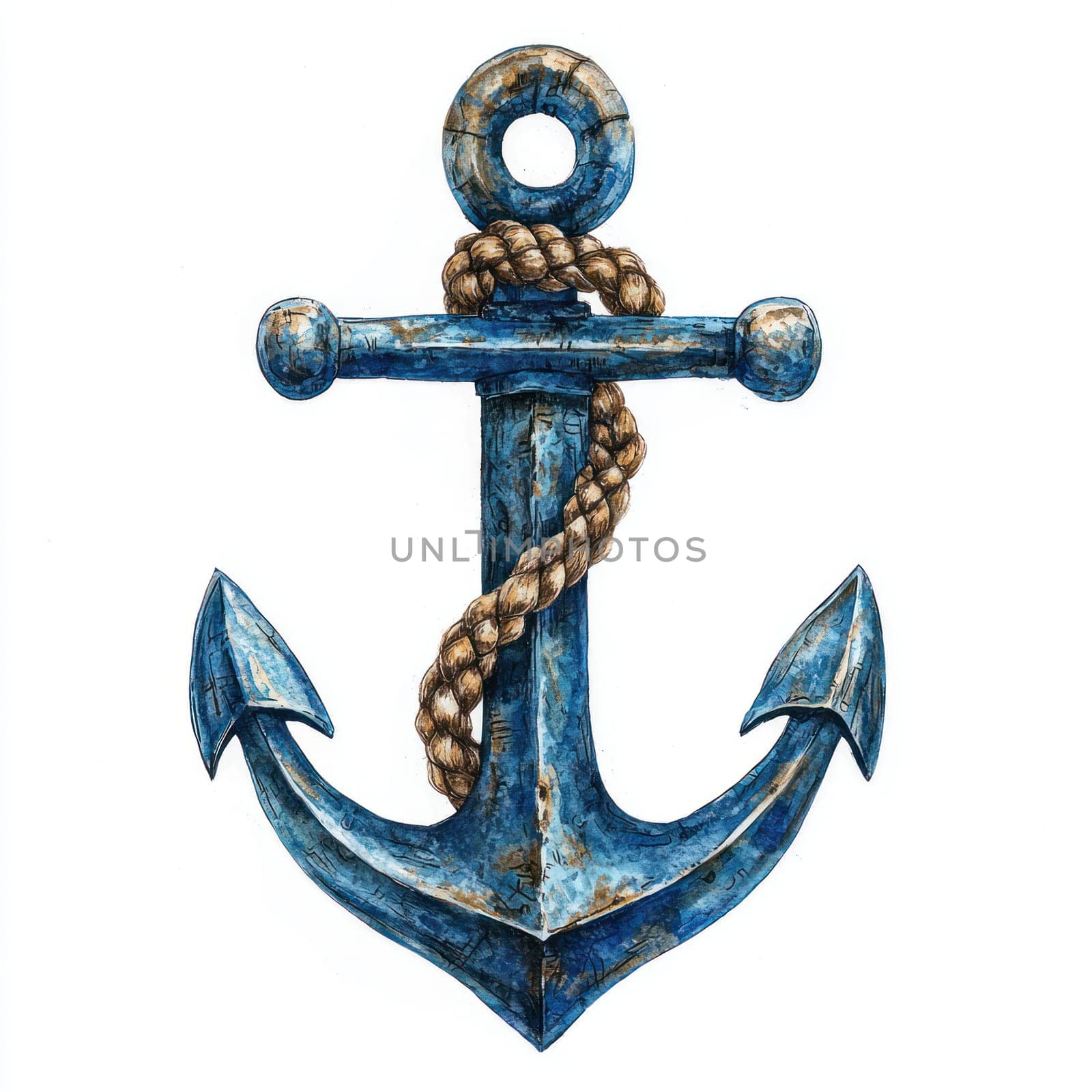 A Rustic blue anchor with rope wrapped around it, isolated on white background, evoking nautical and vintage charm
