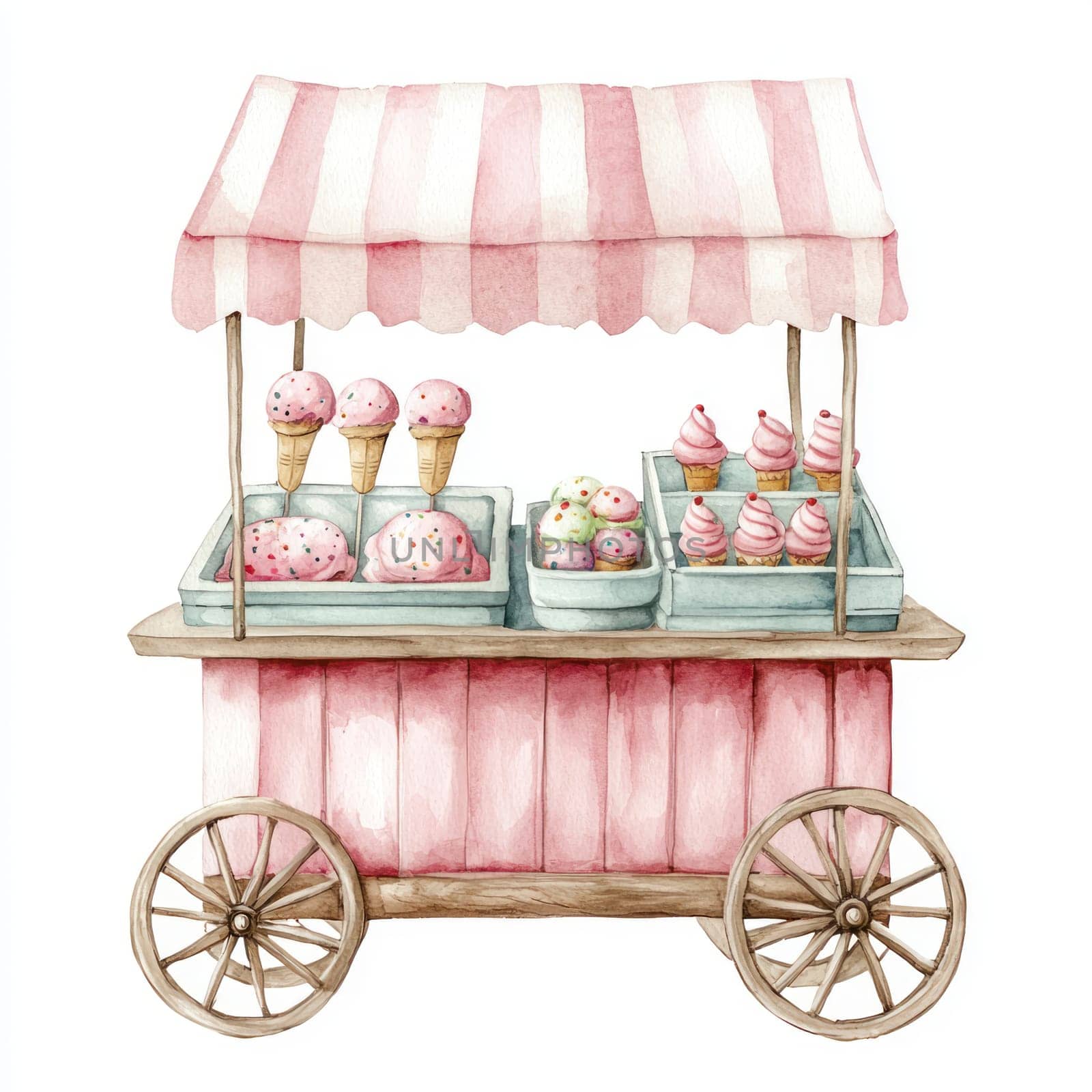 A Vintage ice cream cart with pink striped canopy, pastel treats, and wooden wheels, evoking nostalgic charm