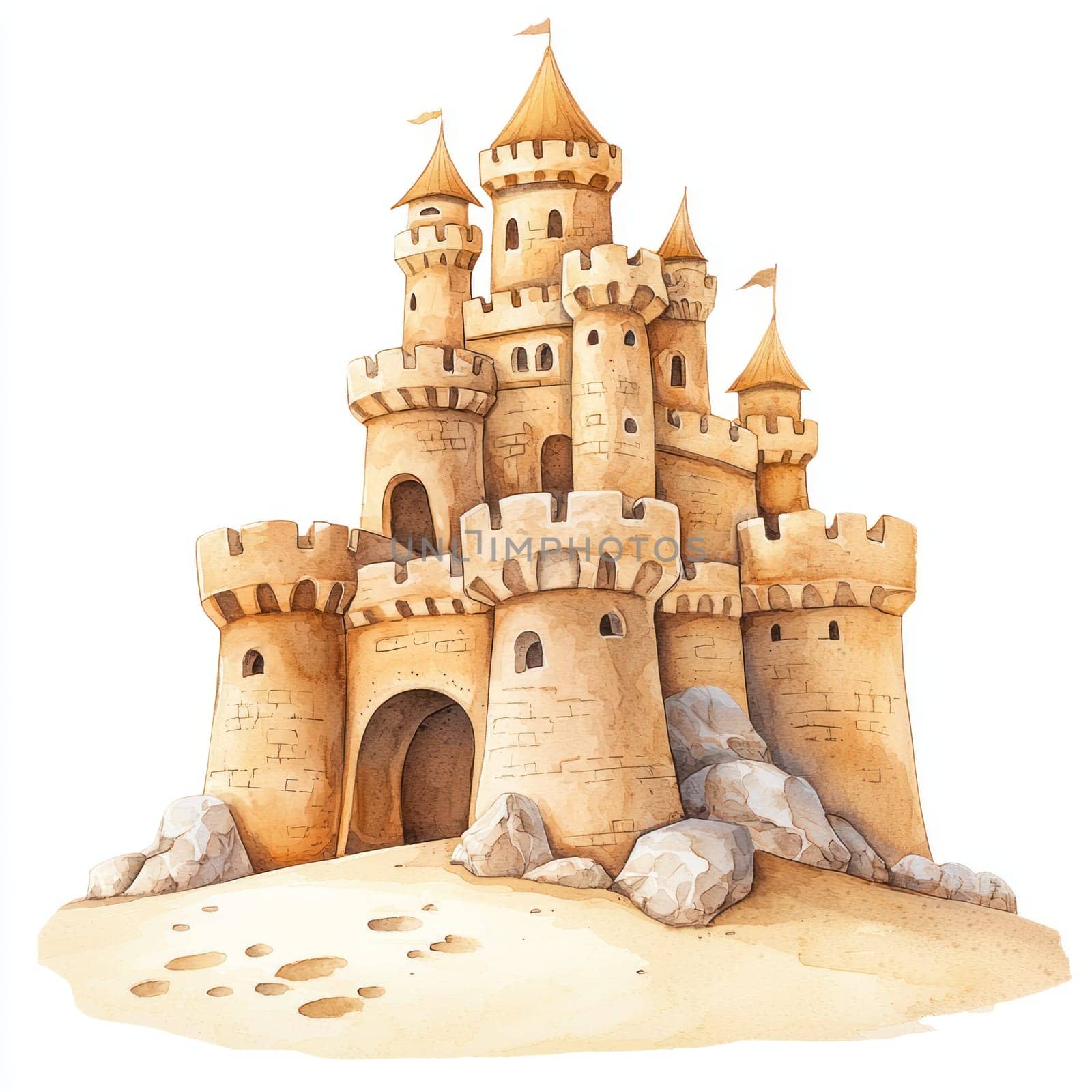 A whimsical watercolor sandcastle with towers and flags, surrounded by rocks and sand, evoking playful summer vibe