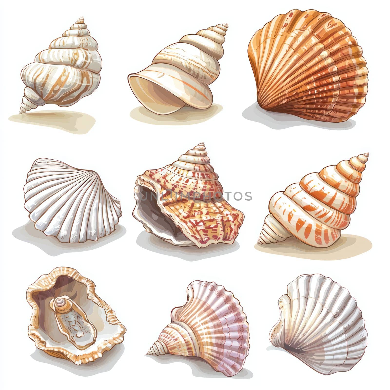 A collection of colorful seashells on white background, showcasing intricate patterns and textures, evoking summer vibe