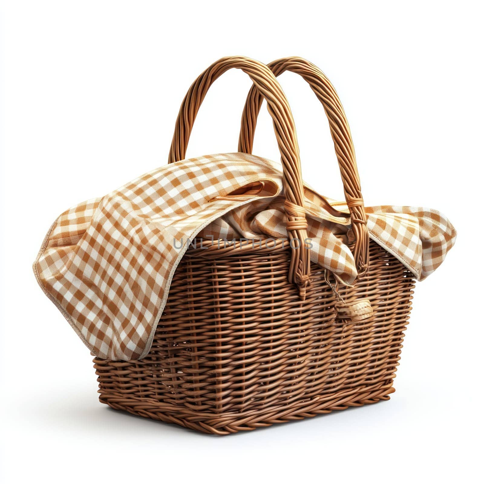 A woven picnic basket with checkered cloth draped over it, evoking warm and inviting summer vibe
