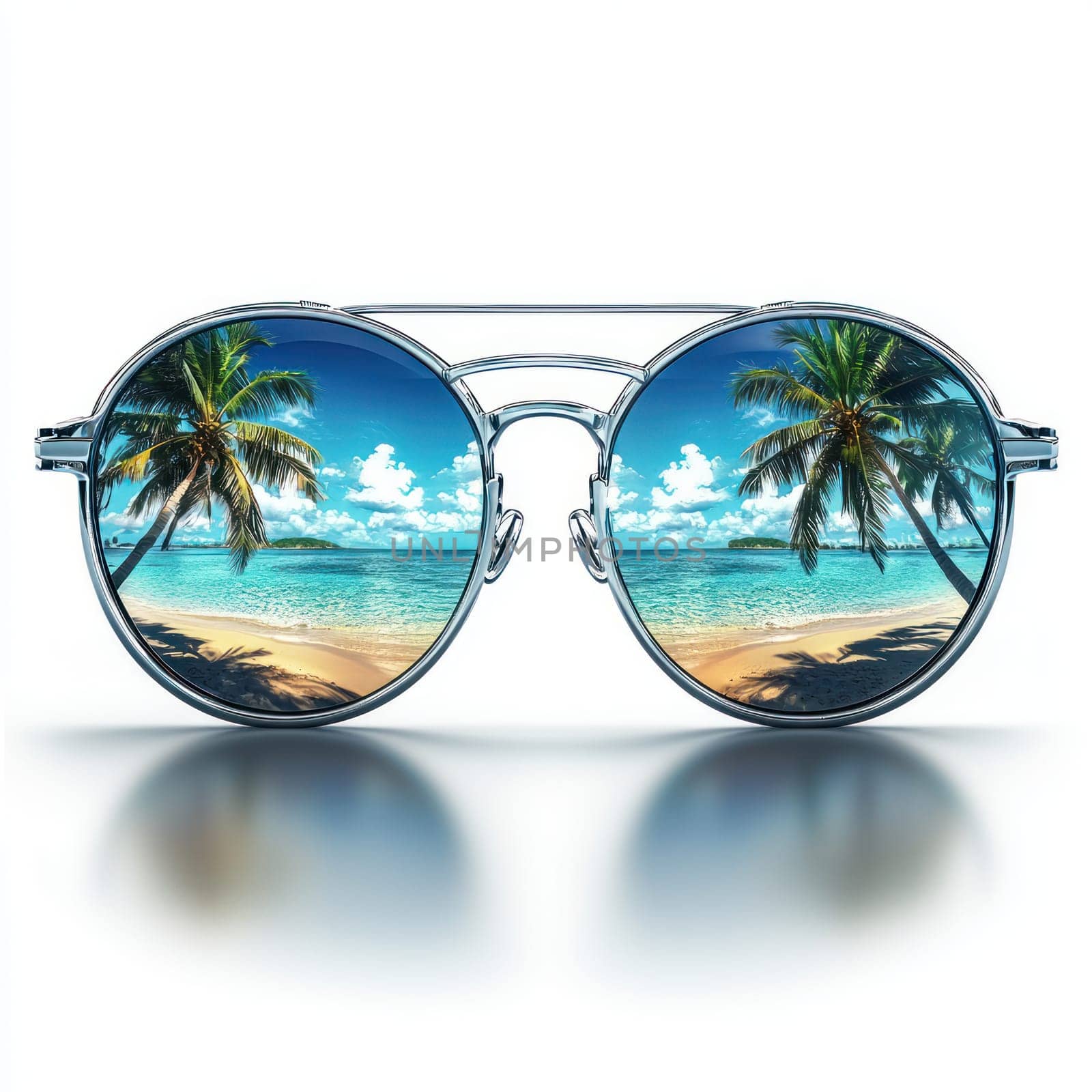 A pair of stylish sunglasses reflecting serene tropical beach with palm trees, blue sky, and calm ocean waves