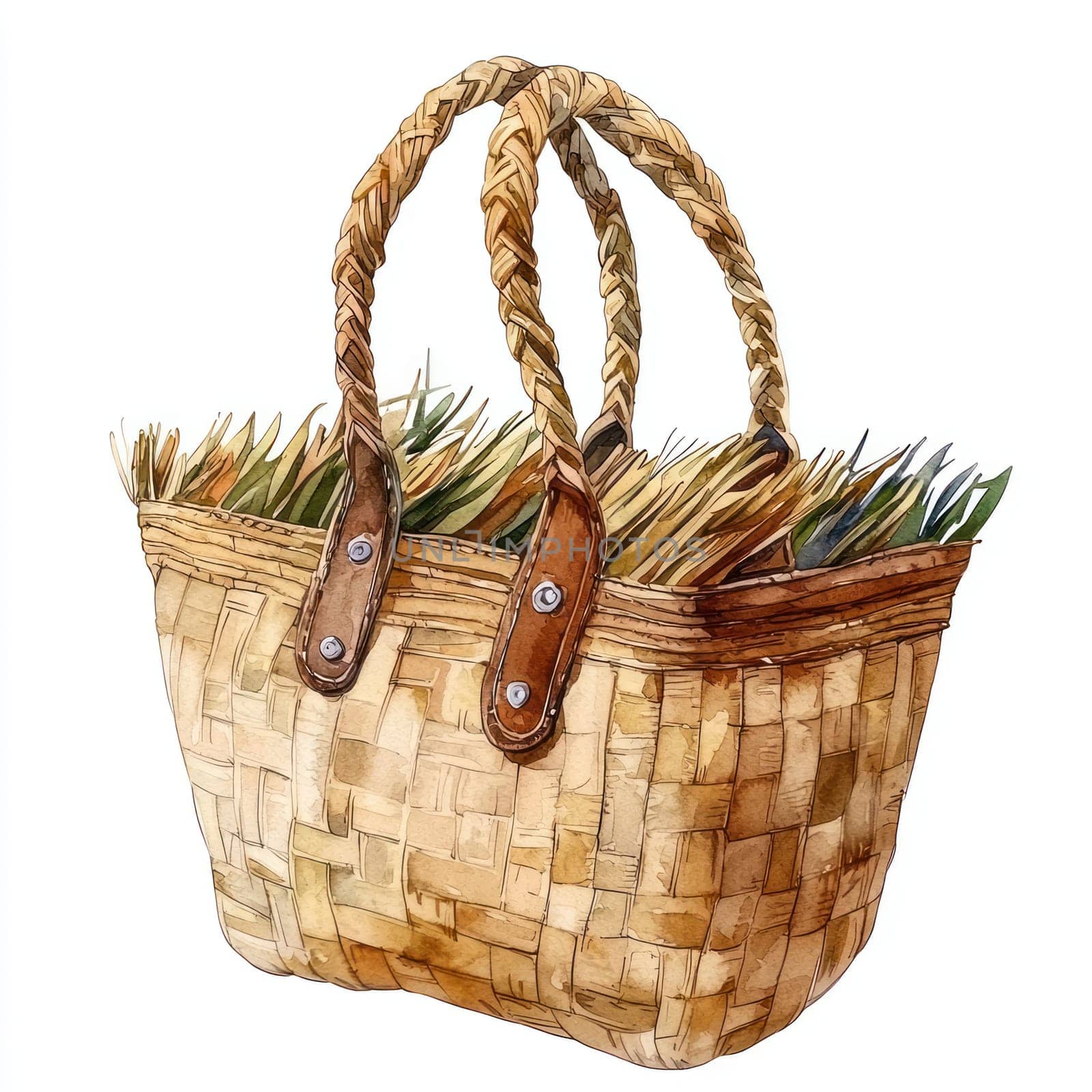 A woven straw beach bag with leather straps, filled with colorful items, exudes summery and natural vibe