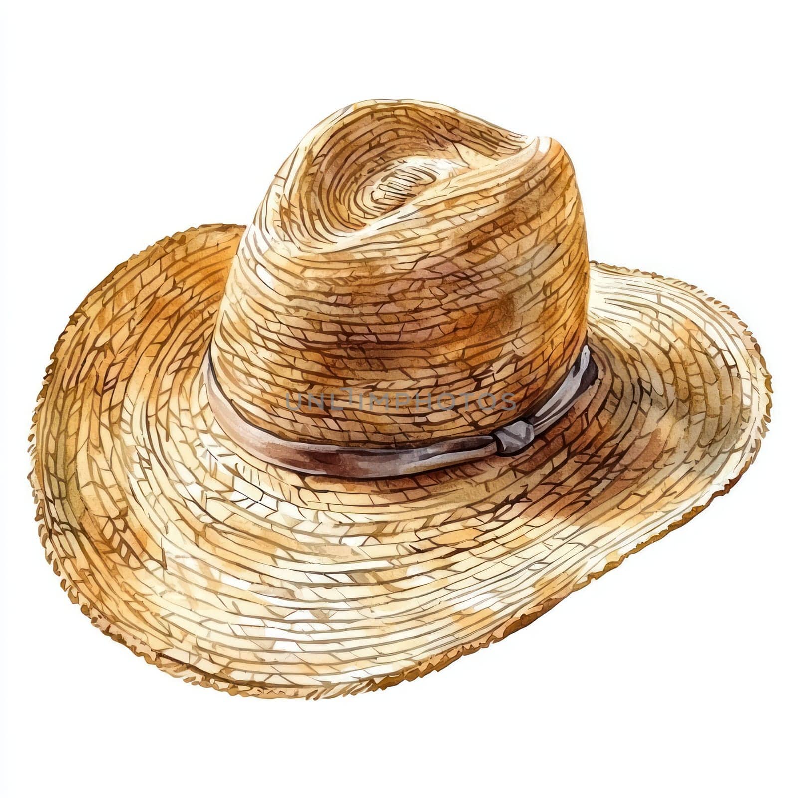A watercolor depiction of wide brim straw hat with intricate texture and brown band, isolated on white background