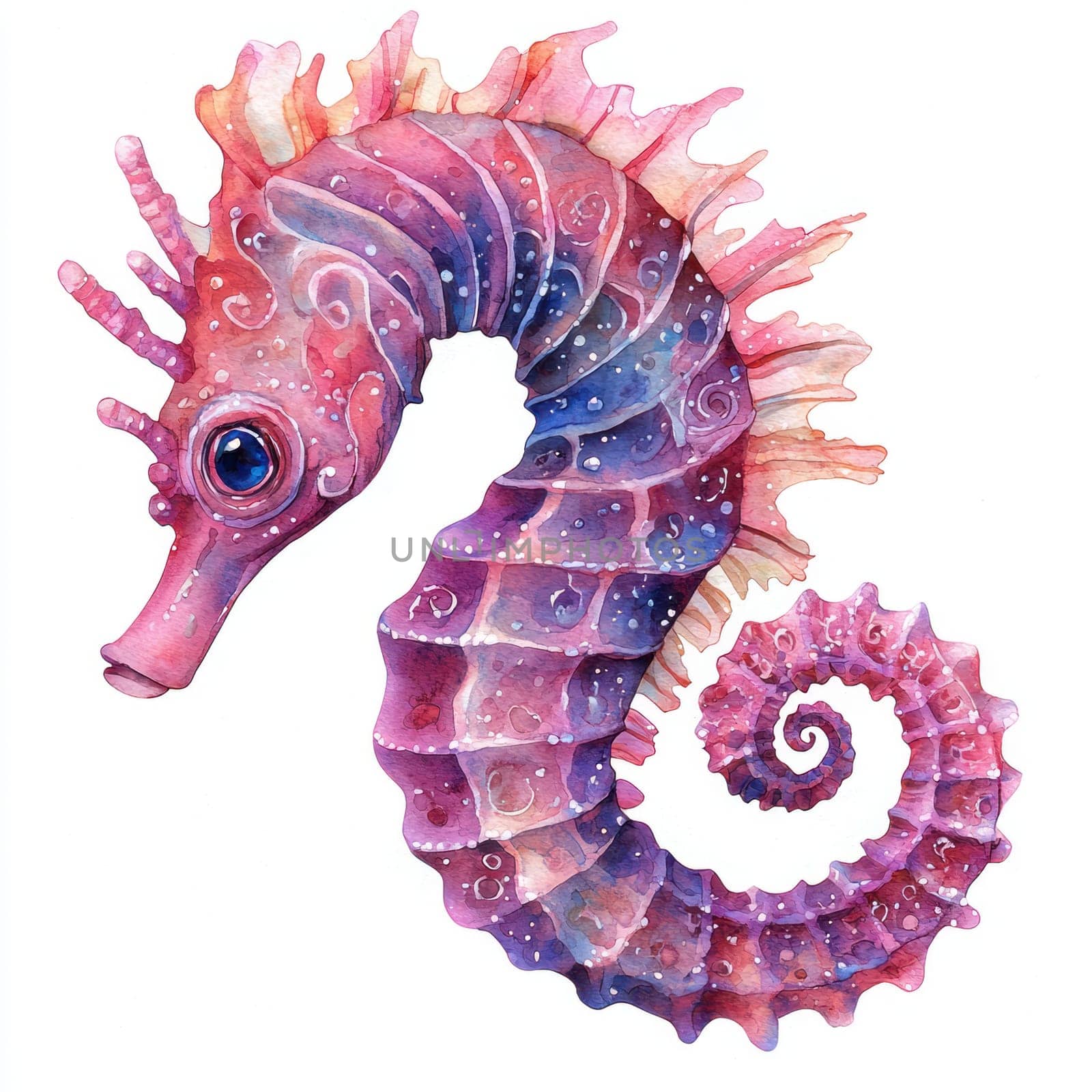 A Delicate watercolor seahorse with vibrant pink and purple hues, intricate details, and whimsical design