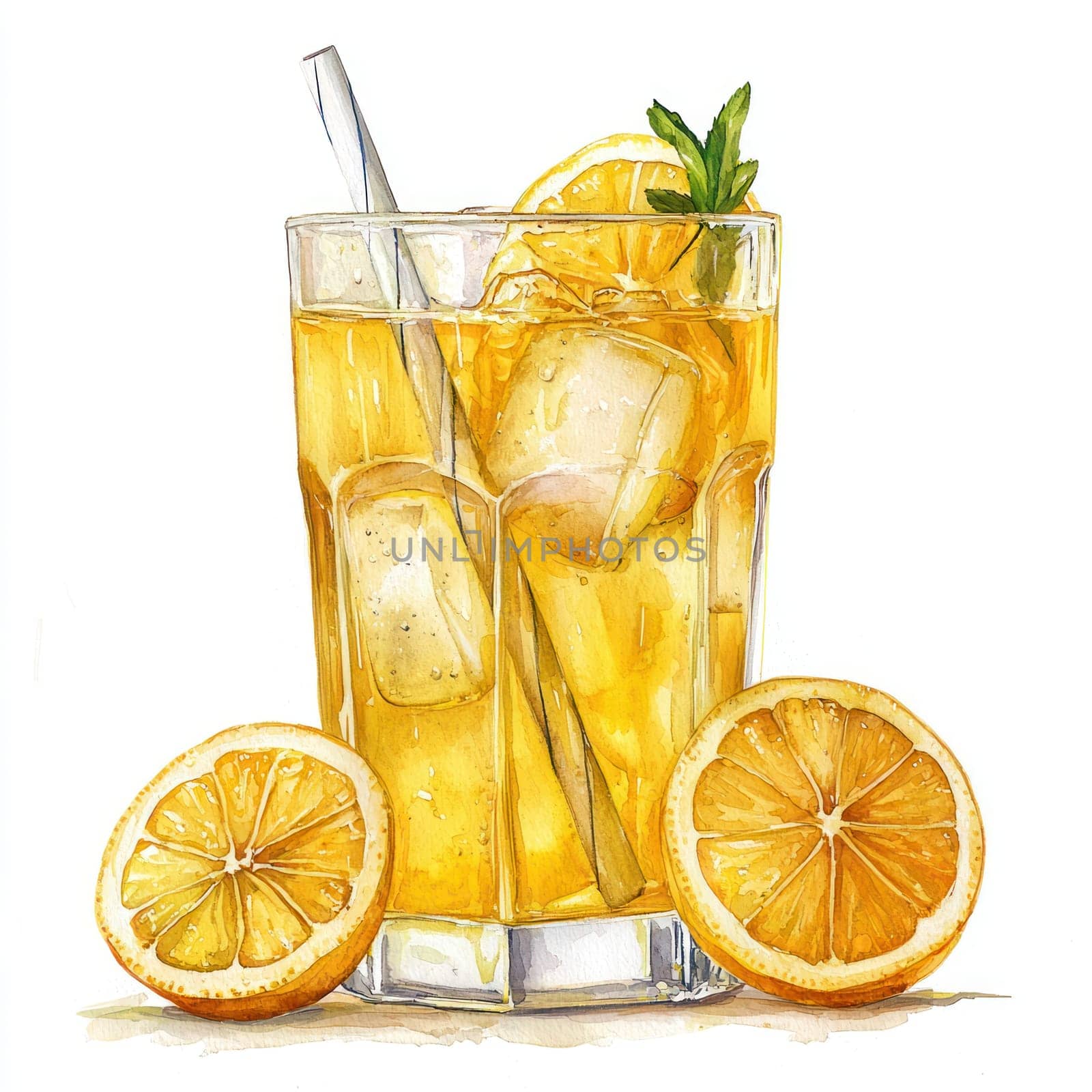 A refreshing glass of lemonade with ice cubes, straw, lemon slices, and mint garnish on white background