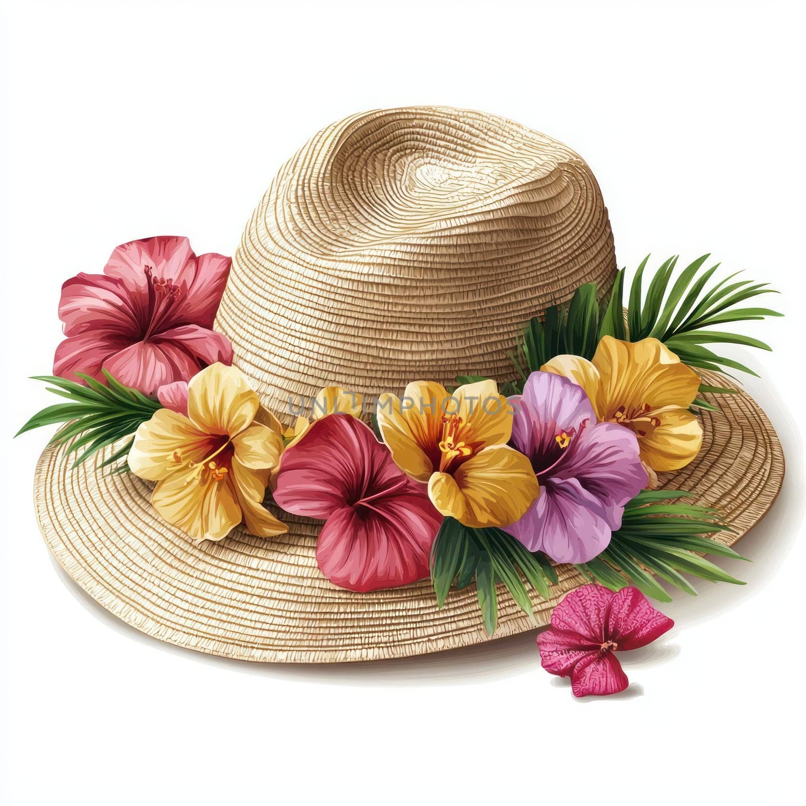 A straw sun hat adorned with vibrant tropical flowers and green leaves, evoking cheerful summer vibe