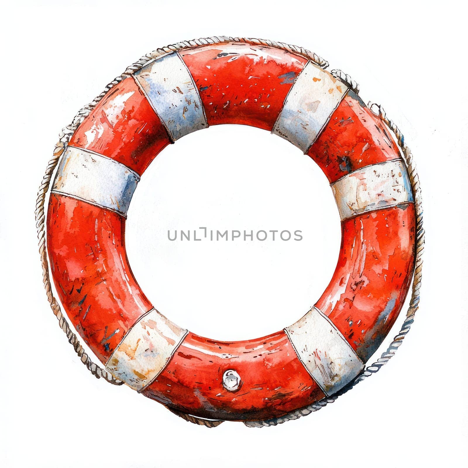 A red and white life preserver ring with weathered texture and rope detail, evoking nautical and vintage feel