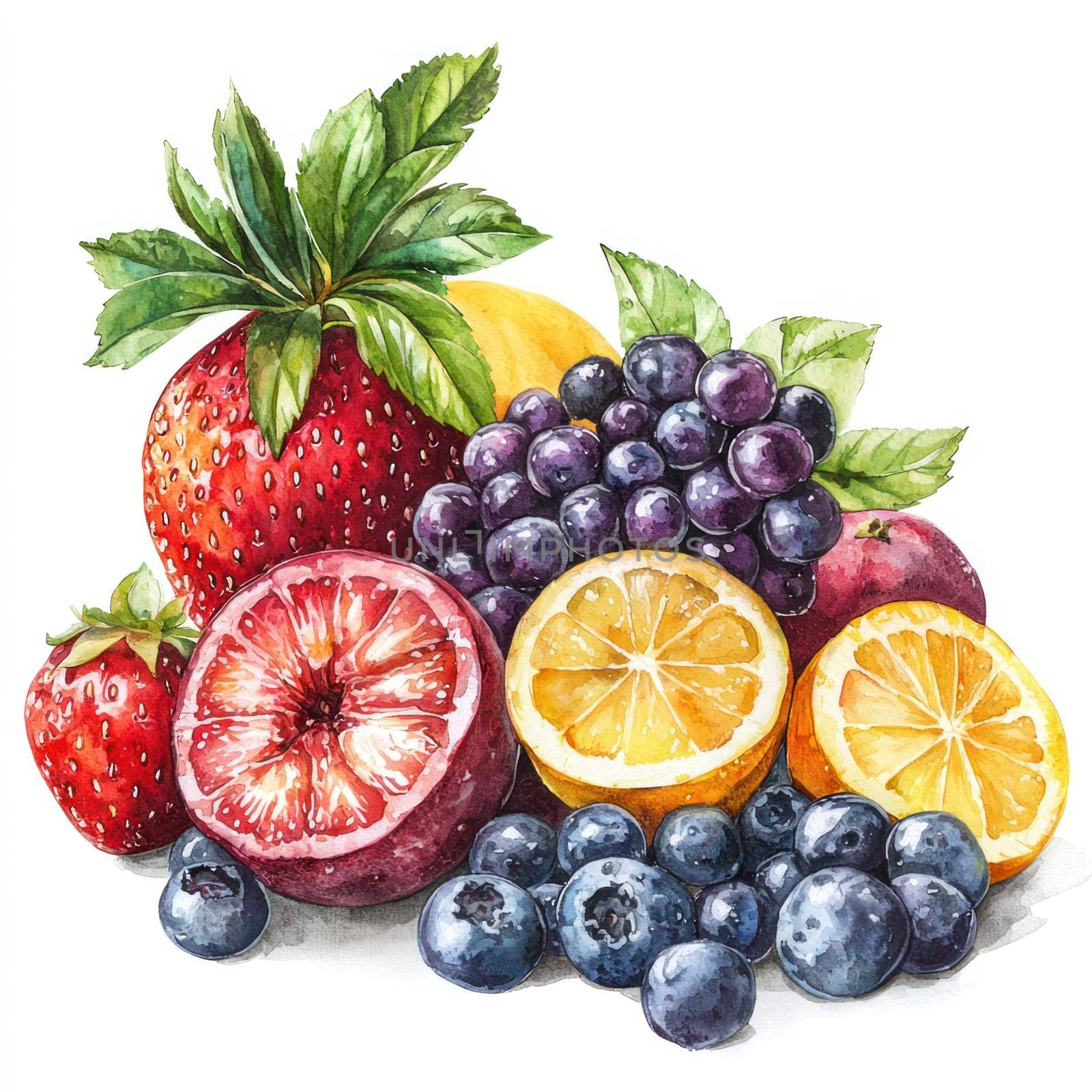 A vibrant watercolor arrangement of summer fruits including strawberries, blueberries, oranges, and grapes