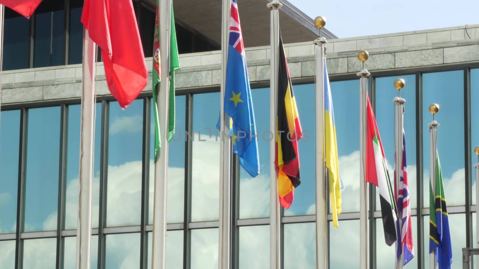 New York City, United States - 12 Sept 2023: United Nations UN Headquarters, Manhattan Midtown, USA. Diplomatic political international organization. Flags row for General Assembly conference session.