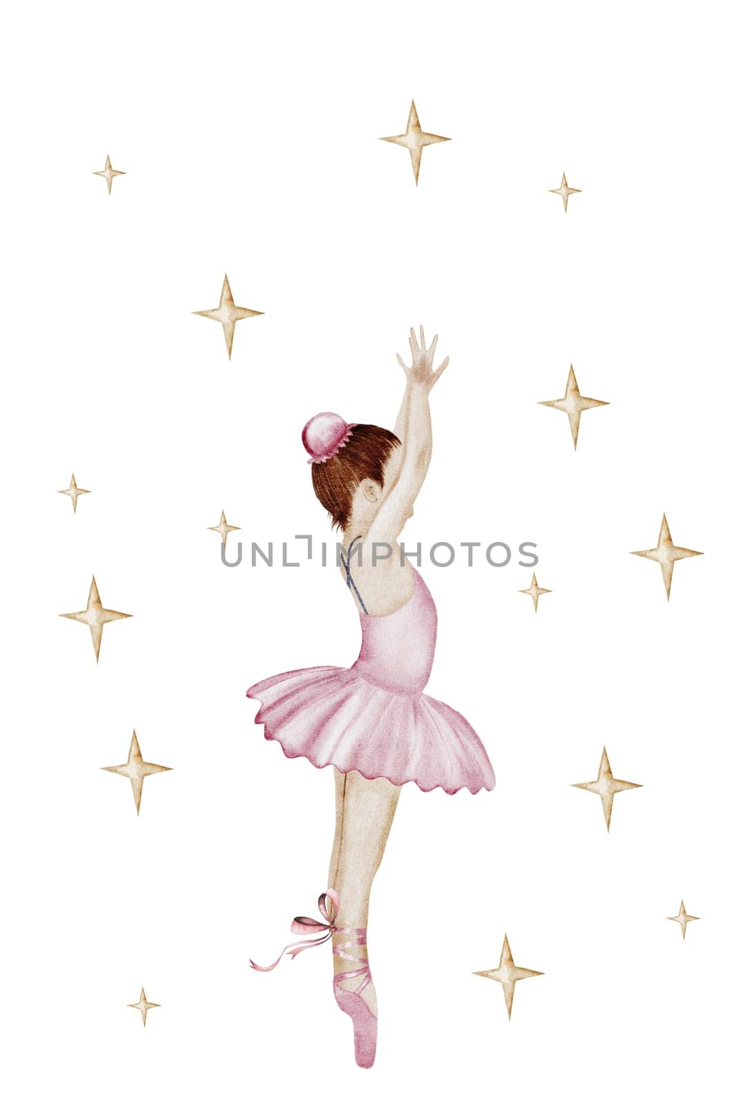 Ballerina watercolor. Hand drawn incredible girl dancer in pink tutu skirt surrounded by stars. Clip art on isolated white background of cute ballet beauty. Perfect for poster and cards, princess daughter room design. High quality illustration