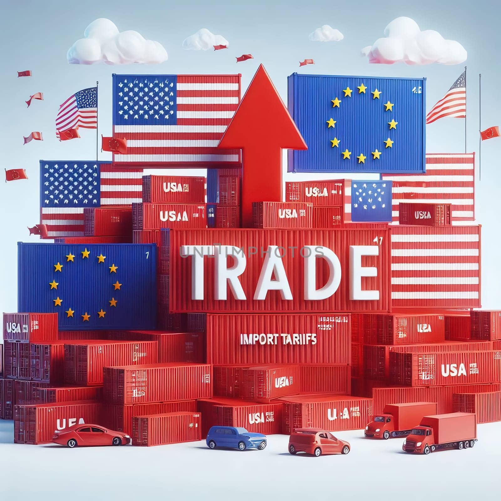 Container with flags of the USA and the EU. “TRADE” symbolizes international trade, growth and customs duties. Perfect for business images!