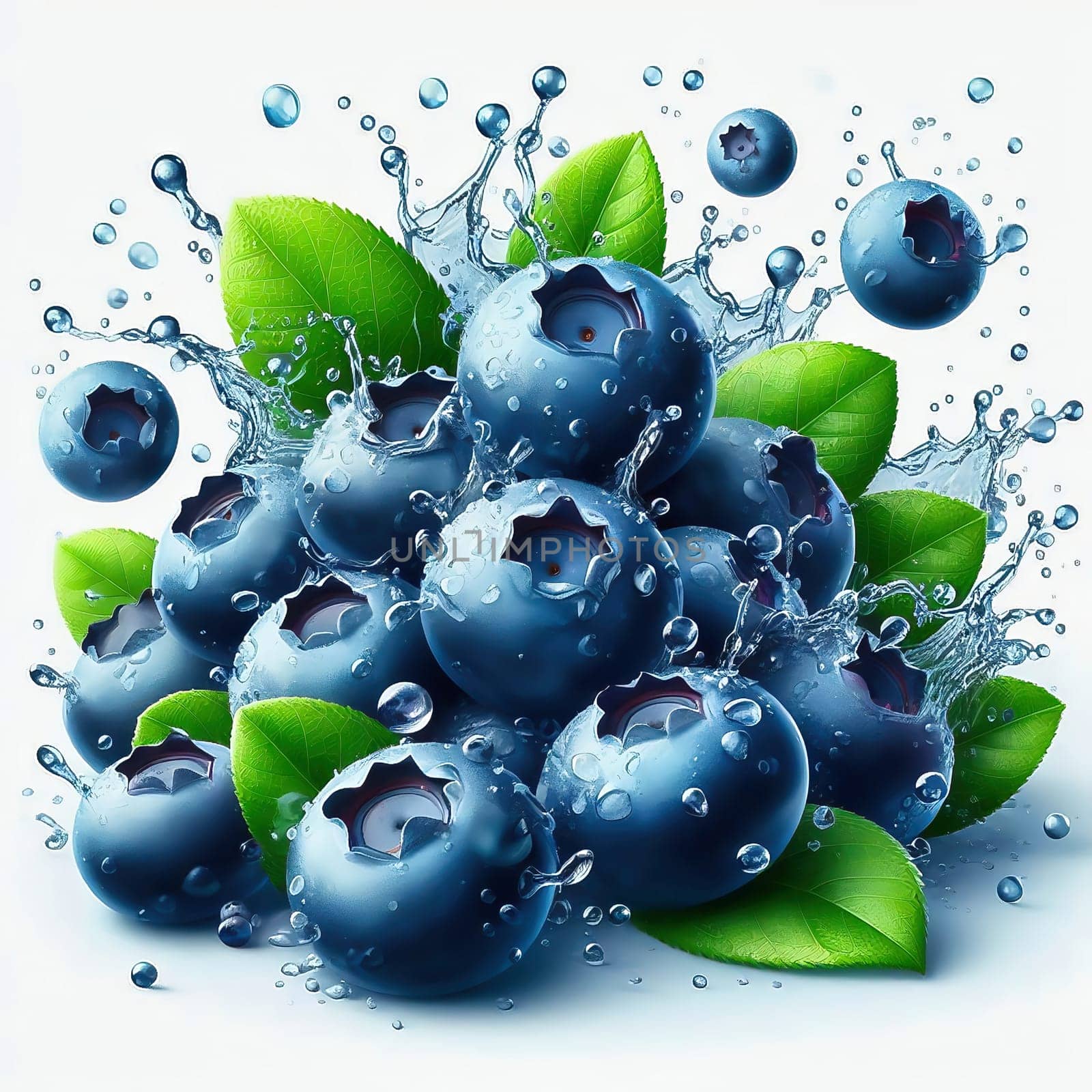 Fresh, blueberries with green leaves and drops of water in dynamic movement, emphasizing the freshness, liveliness and attractiveness of the fruit.
