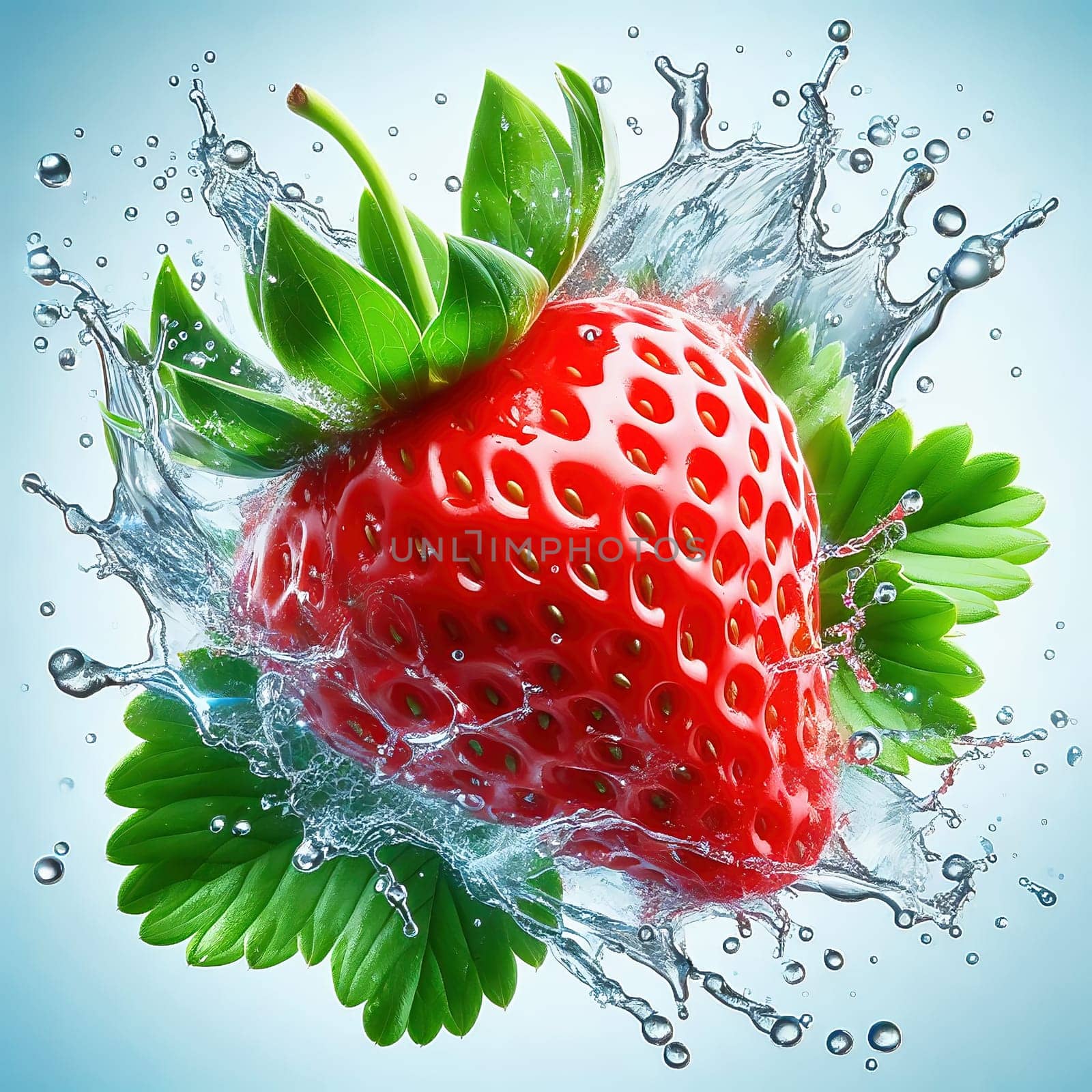 Fresh strawberry with green leaves, surrounded by splashing water. Vivid colors and dynamic movement make the image ideal for advertising and food marketing.