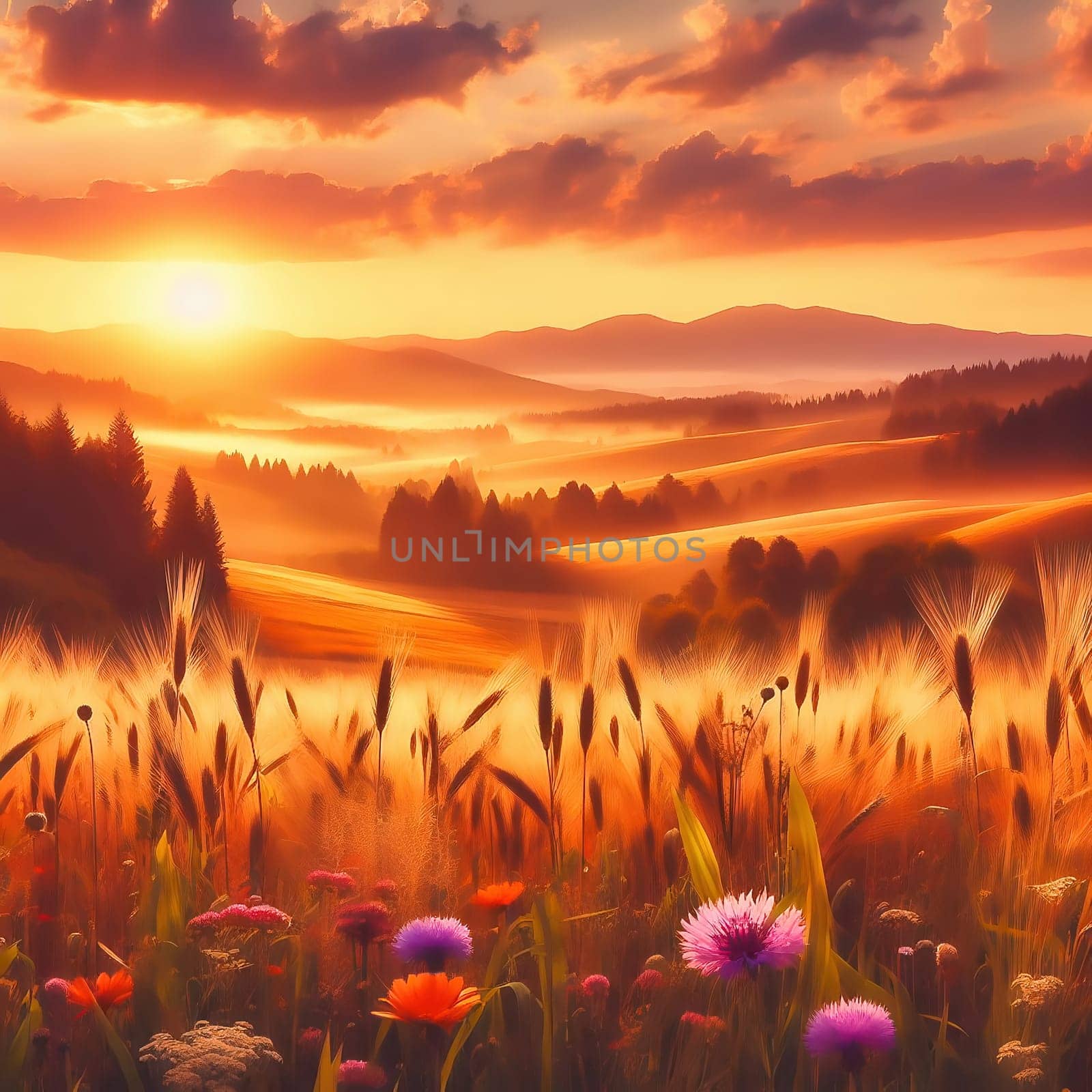 An idyllic landscape with colorful flowers, rolling hills, trees and a warm sunset. Perfect for nature, travel and wellness advertising.