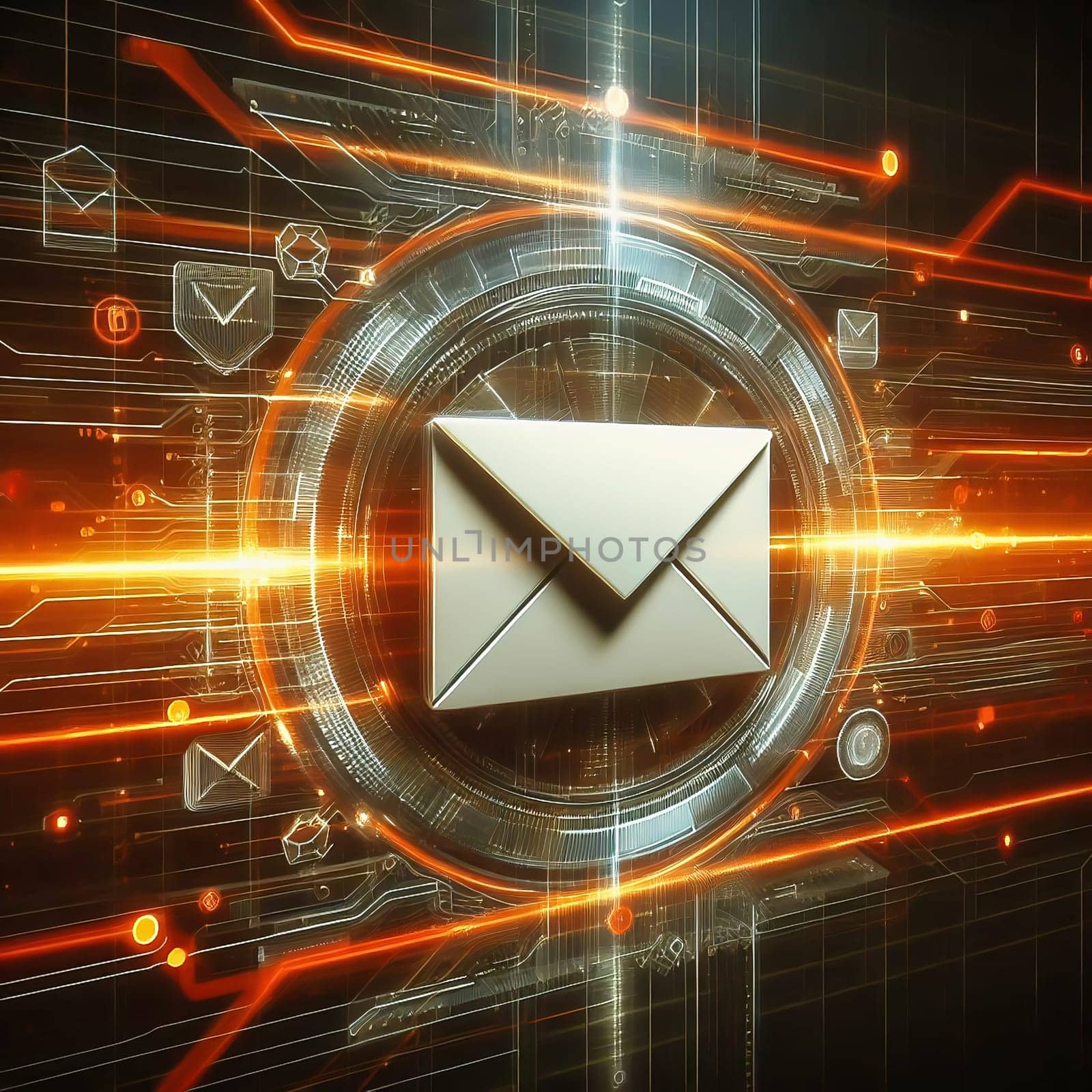 Futuristic digital e-mail transmission: Glowing envelopes float above a circuit board with fast, orange data streams. Ideal for technology themes!