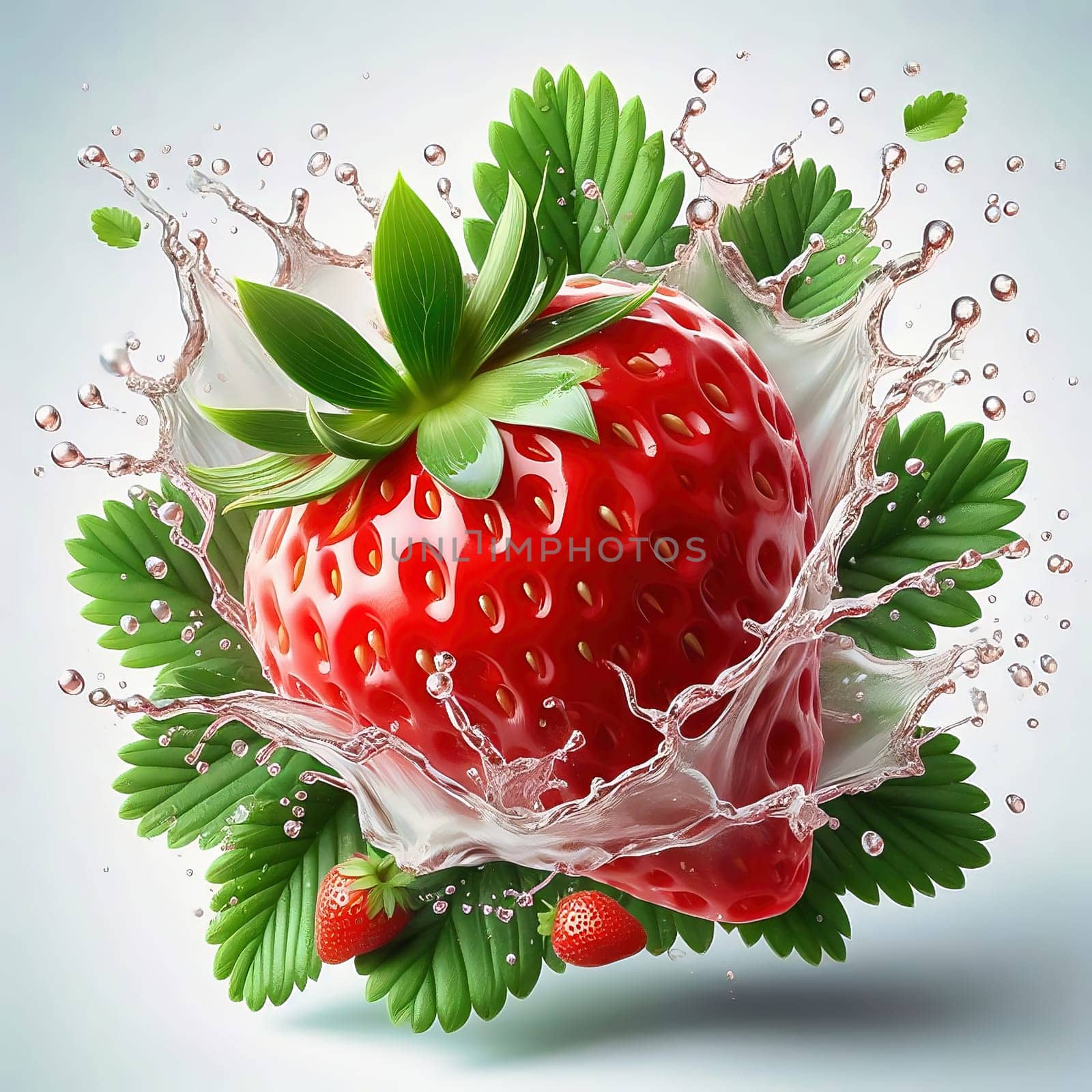 Fresh strawberry with green leaves, surrounded by splashing water. Vivid colors and dynamic movement make the image ideal for advertising and food marketing.