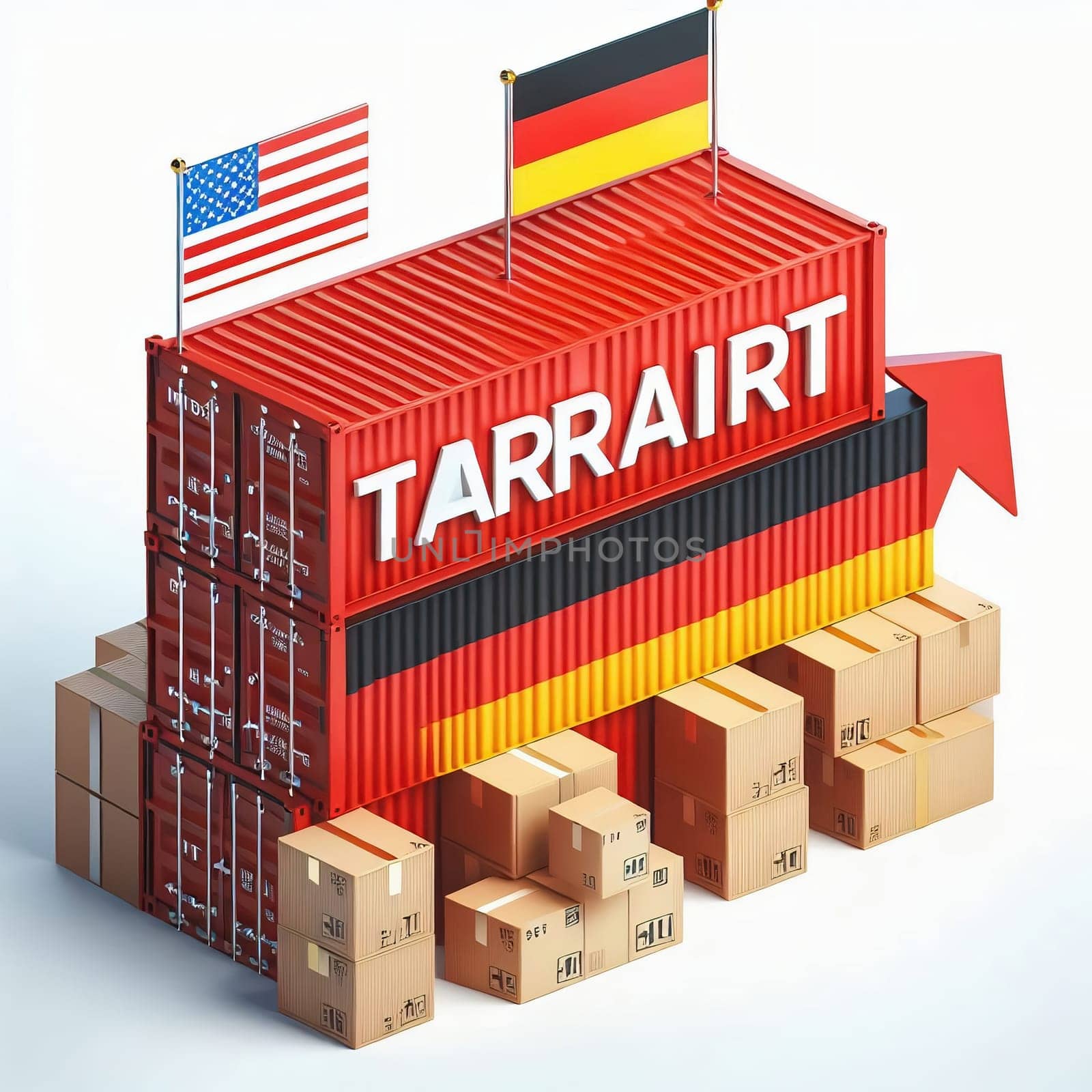 Container with flags of the USA and Germany. “TRADE” symbolizes international trade, growth and customs duties. Perfect for business pictures!