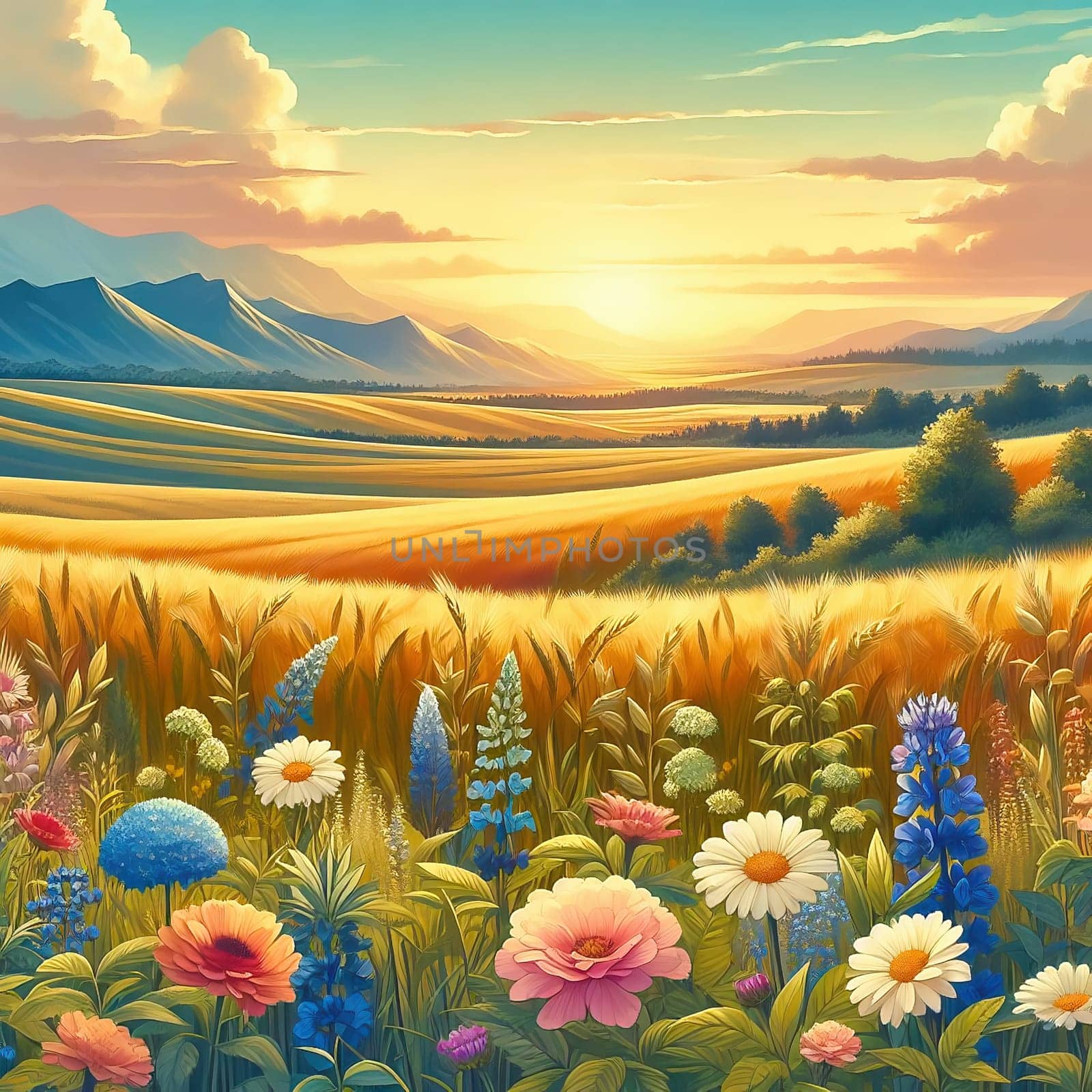 An idyllic landscape with colorful flowers, rolling hills, trees and a warm sunset. Perfect for nature, travel and wellness advertising.