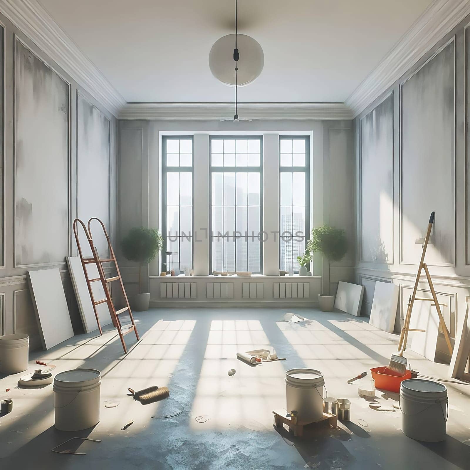 Bright, renovated room with large windows. Painter's ladder, paint bucket and tools indicate a creative makeover. Perfect for renovation themes!
