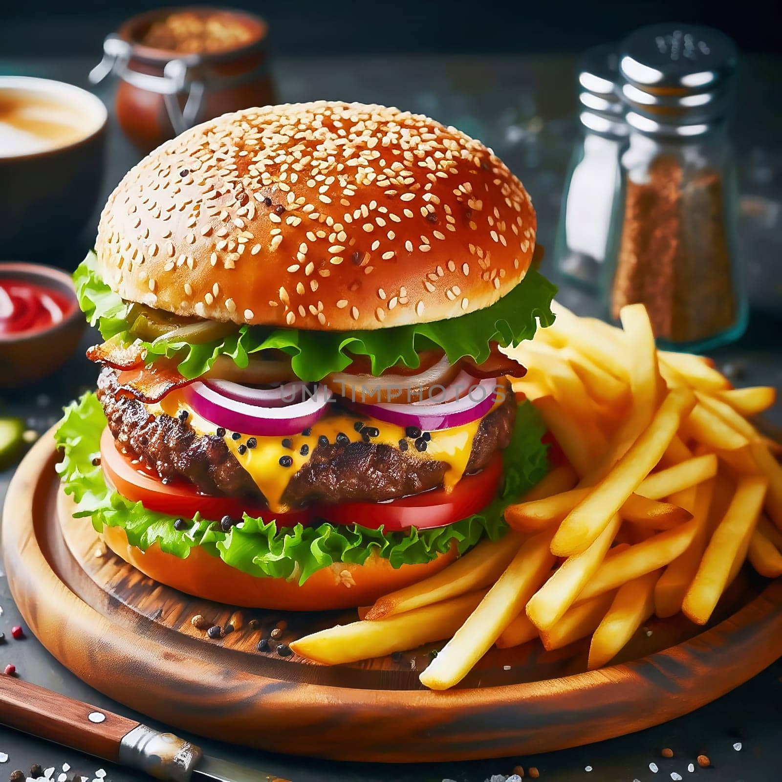 Juicy cheeseburger with crispy lettuce, tomatoes, gherkins and caramelized onions, served with golden fries on a rustic wooden board.