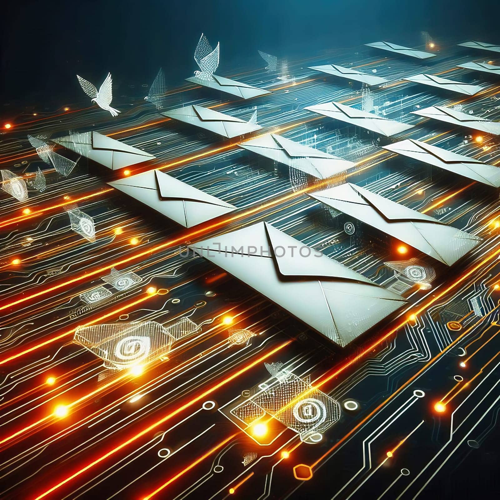 Futuristic digital e-mail transmission: Glowing envelopes float above a circuit board with fast, orange data streams. Ideal for technology themes!