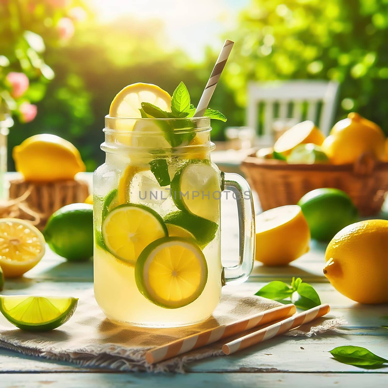 A refreshing glass with lemon and lime slices, mint leaves and a straw, framed by fresh fruit in a sunny garden.