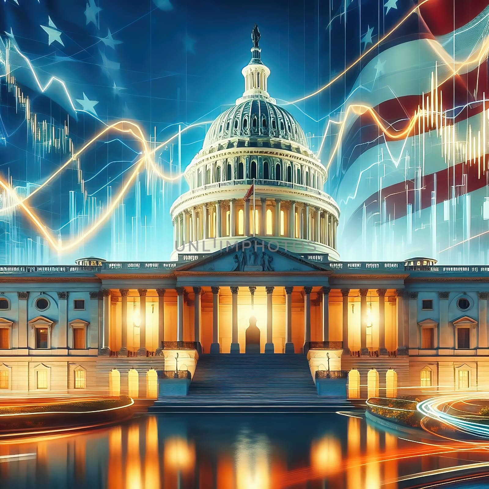 Symbolic image: The Capitol in front of stock market charts and financial data, showing the connection between politics and economics. Perfect for economic policy content!