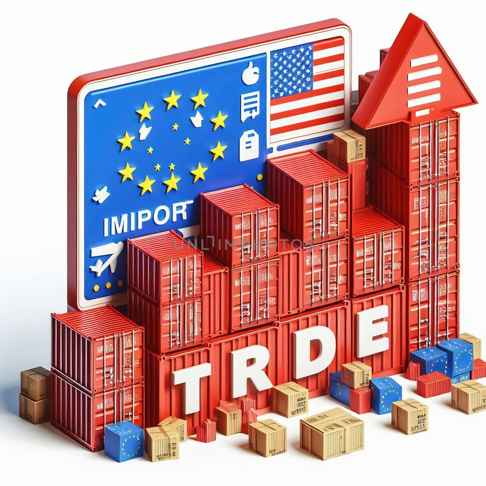 Container with flags of the USA and the EU. “TRADE” symbolizes international trade, growth and customs duties. Perfect for business images!