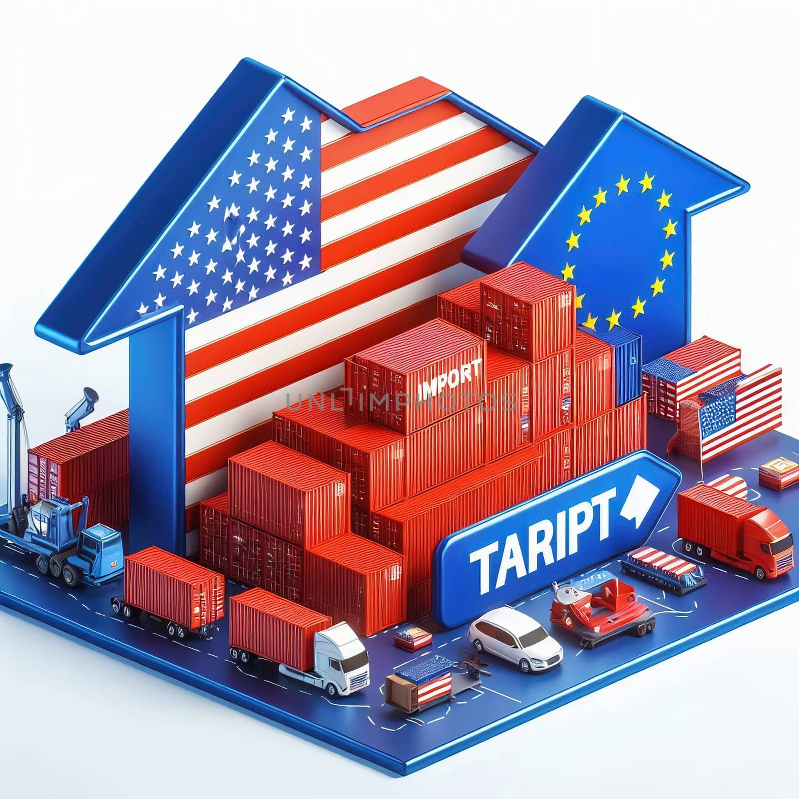 Container with flags of the USA and the EU. “TRADE” symbolizes international trade, growth and customs duties. Perfect for business images!