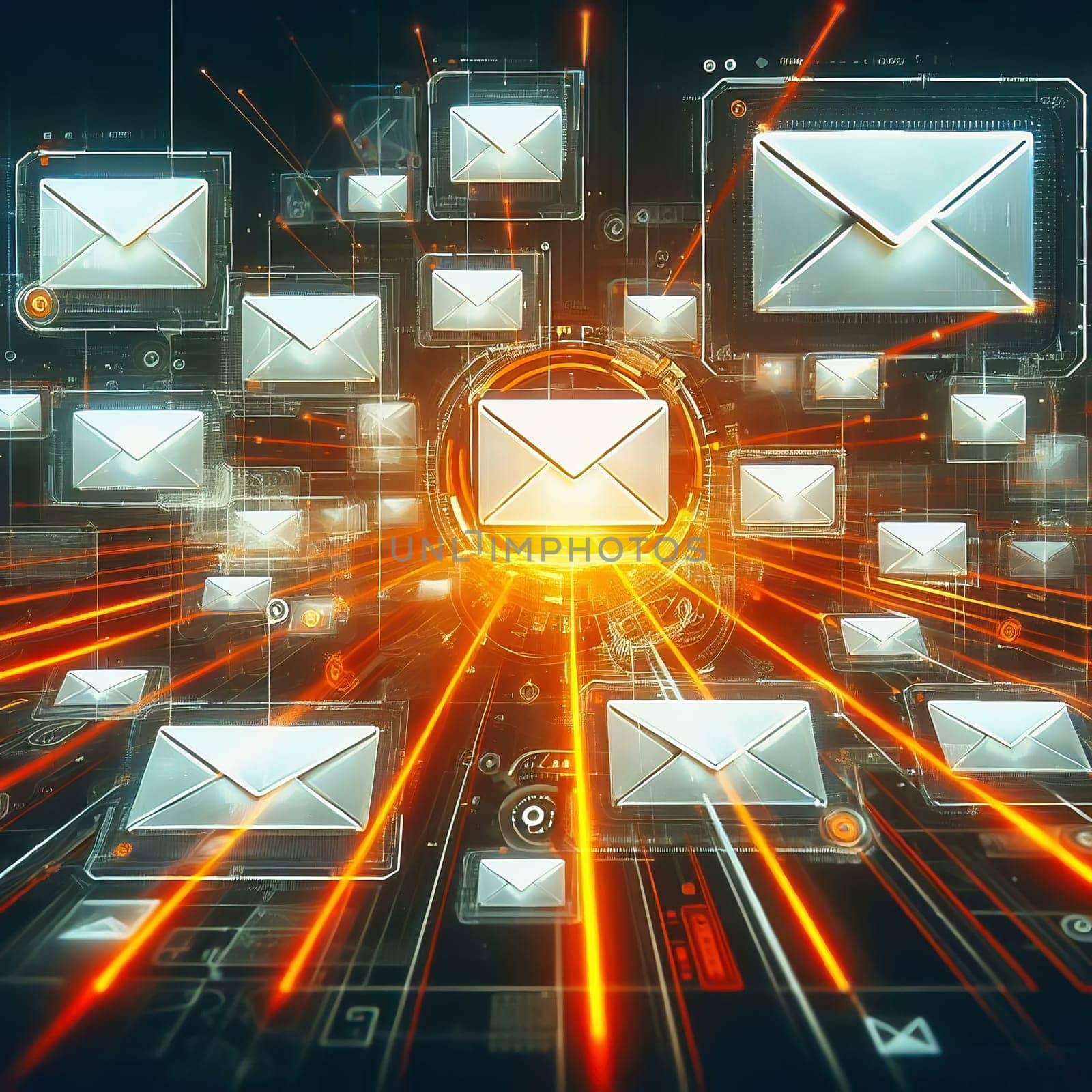 Futuristic digital e-mail transmission: Glowing envelopes float above a circuit board with fast, orange data streams. Ideal for technology themes!