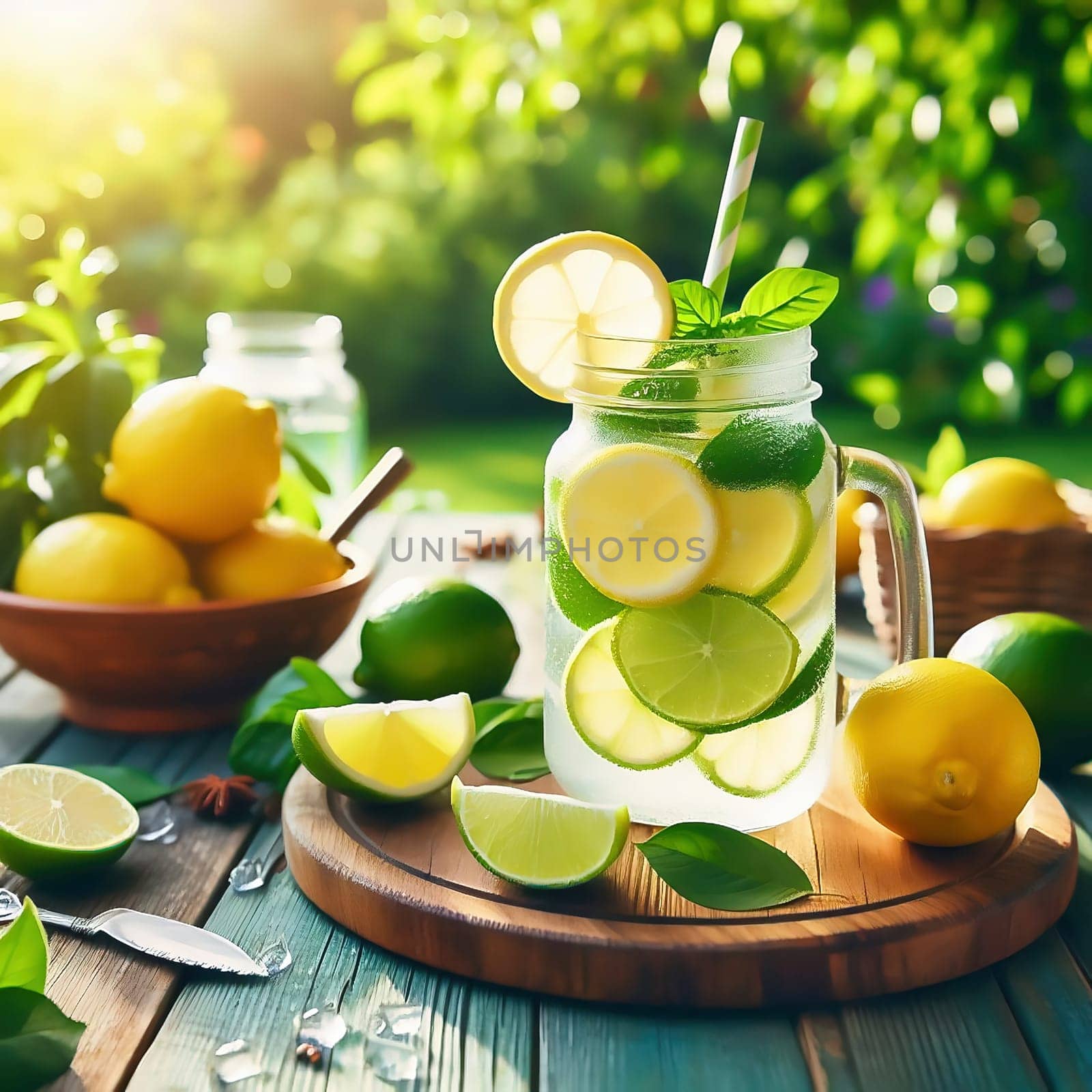 A refreshing glass with lemon and lime slices, mint leaves and a straw, framed by fresh fruit in a sunny garden.