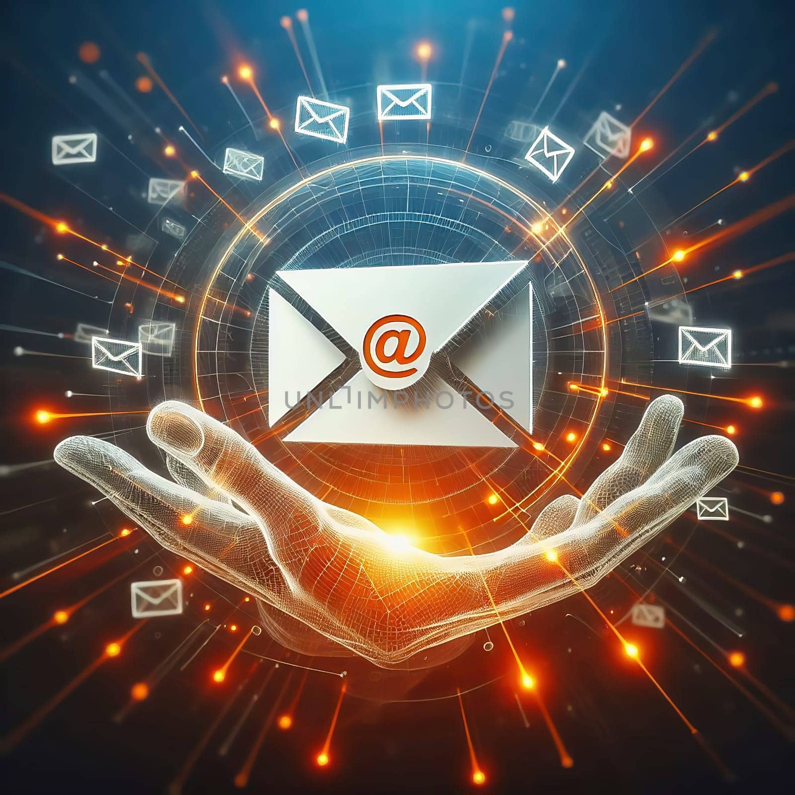 Futuristic digital e-mail transmission: Glowing envelopes float above a circuit board with fast, orange data streams. Ideal for technology themes!