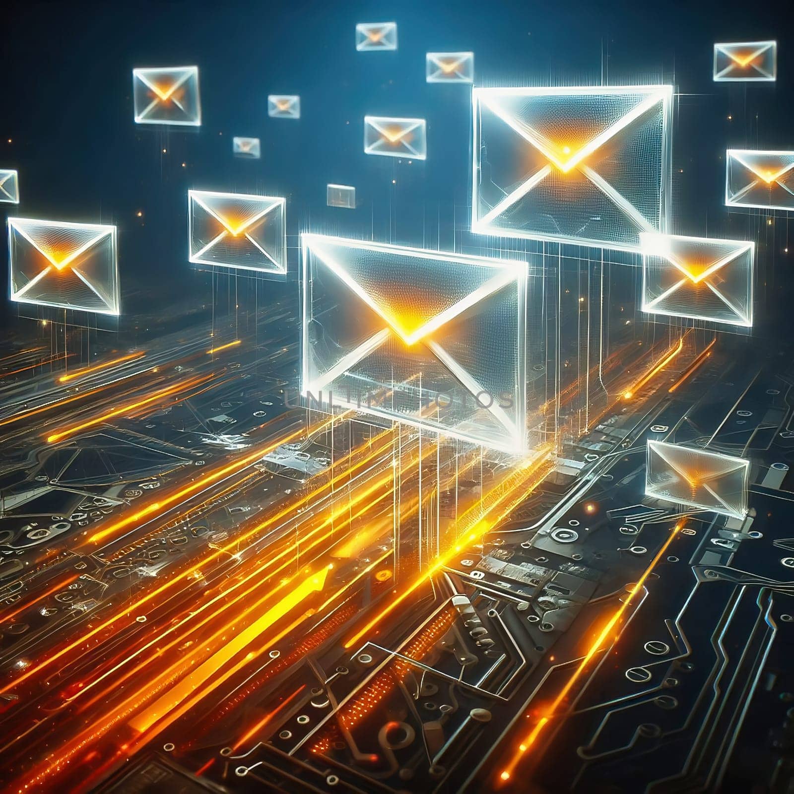 Futuristic digital e-mail transmission: Glowing envelopes float above a circuit board with fast, orange data streams. Ideal for technology themes!