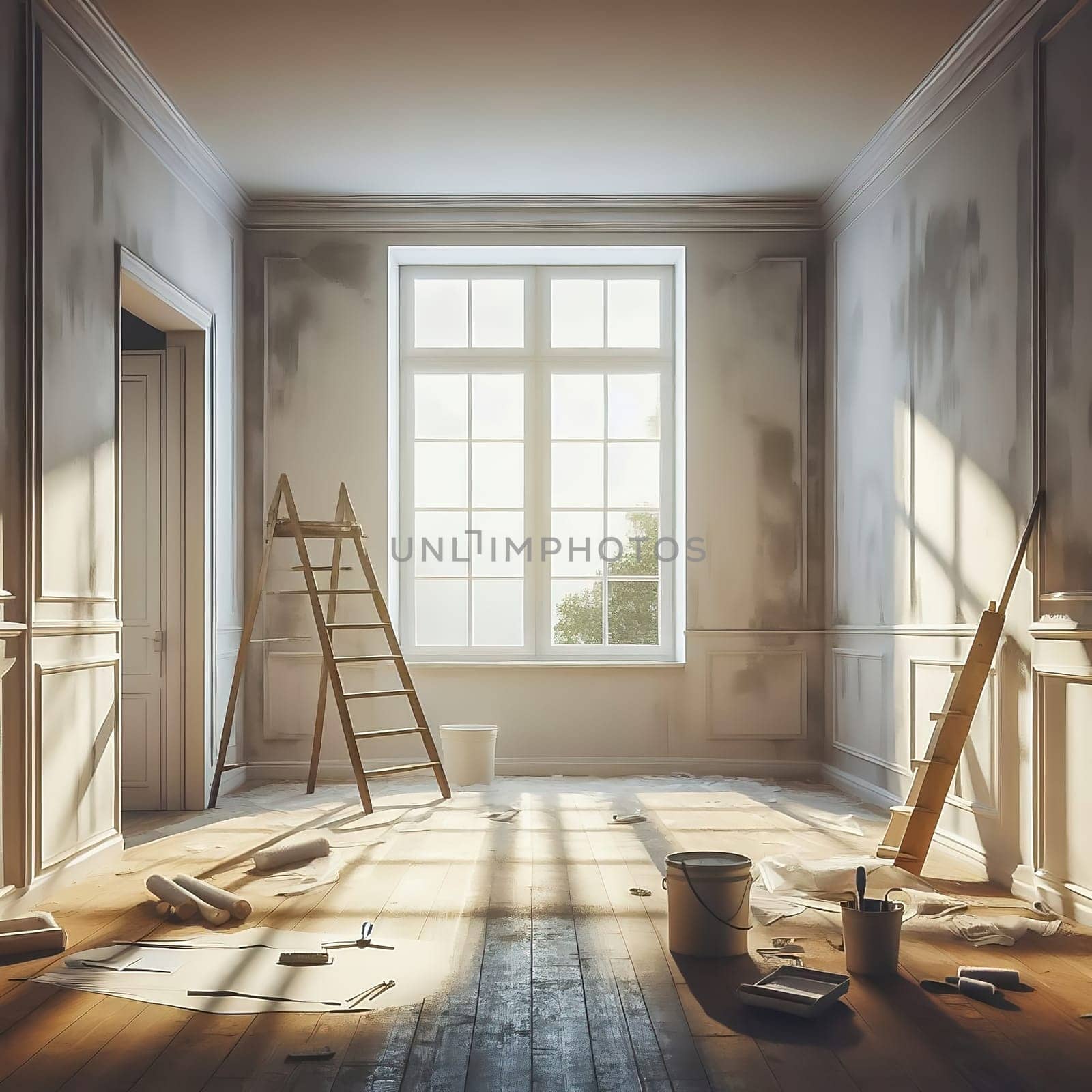 Bright, renovated room with large windows. Painter's ladder, paint bucket and tools indicate a creative makeover. Perfect for renovation themes!