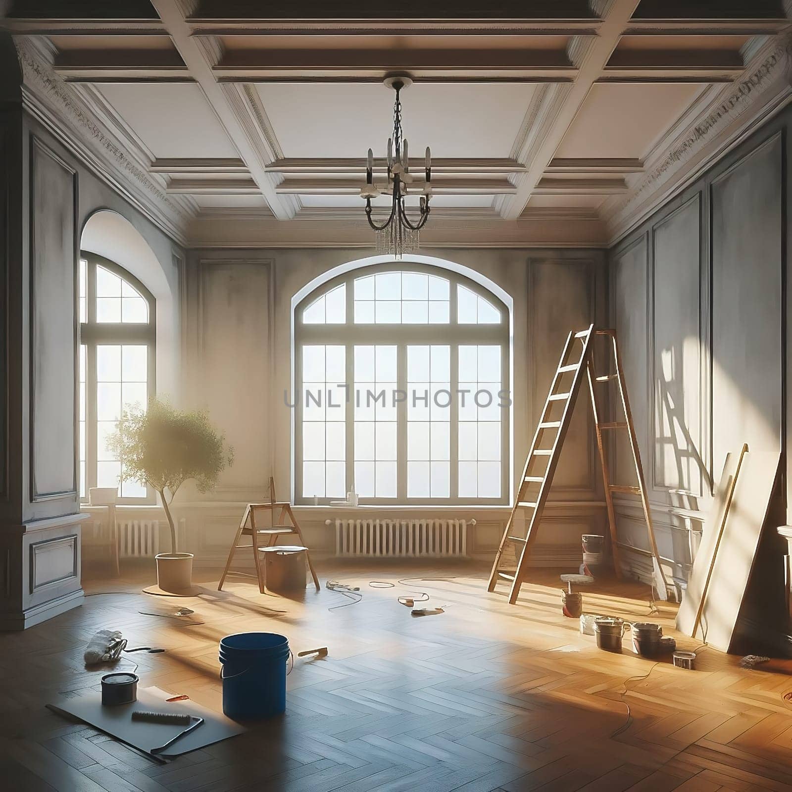 Bright, renovated room with large windows. Painter's ladder, paint bucket and tools indicate a creative makeover. Perfect for renovation themes!