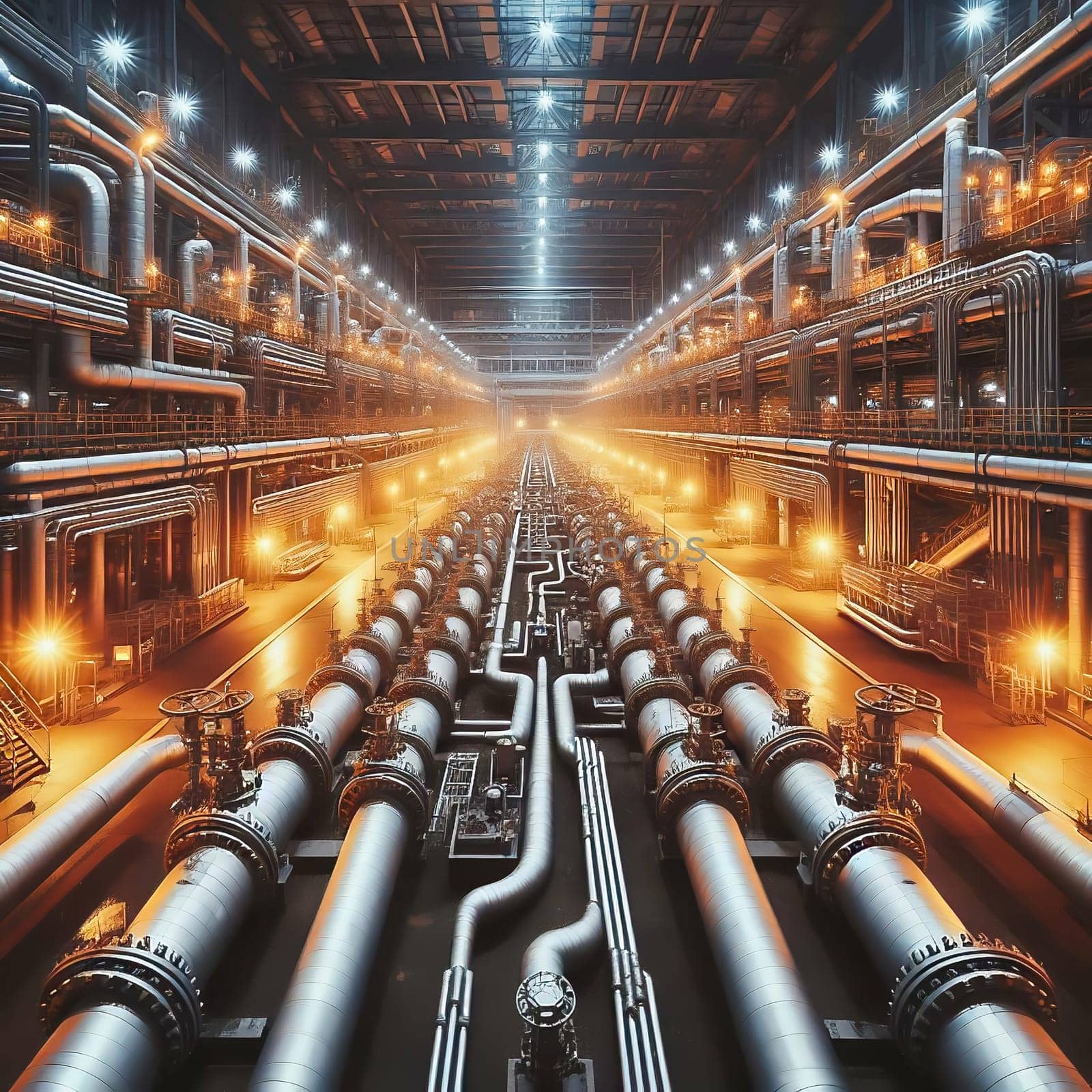Futuristic industrial plant with complex pipelines, valves and towers, illuminated by warm sunlight. Technological infrastructure in perfection.