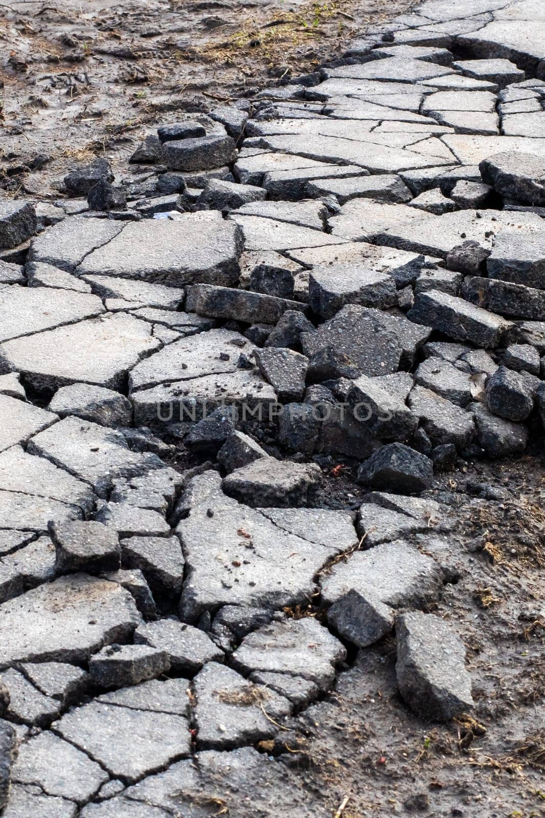 A detailed close up of a significantly cracked and damaged asphalt road surface