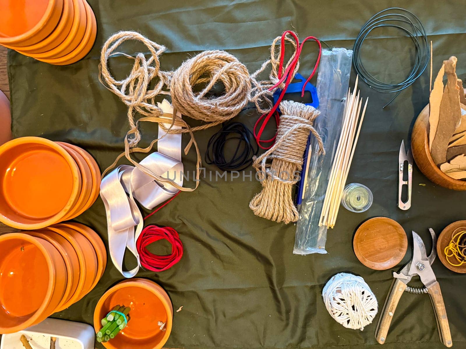 Preparation of tools and supplies for traditional ikebana floral arrangement. Artistic expression through nature.