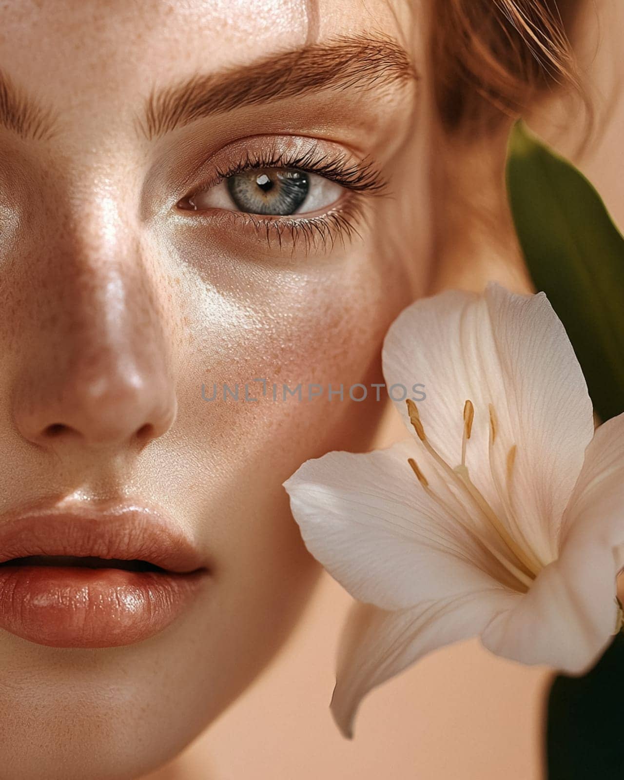 Close-up portrait of a naturally radiant woman skin, delicate freckles, and mesmerising blue eyes, holding a soft flower against a warm, peach-toned background