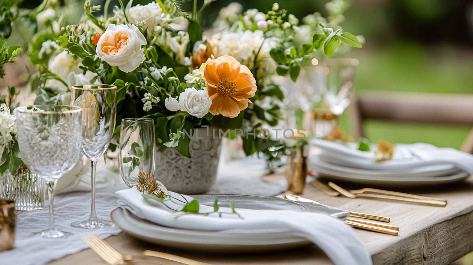 Sunlit tablescapes adorned with delicate floral arrangements, elegant glassware, and fine china. Set in lush gardens, each scene captures the charm of alfresco dining idea