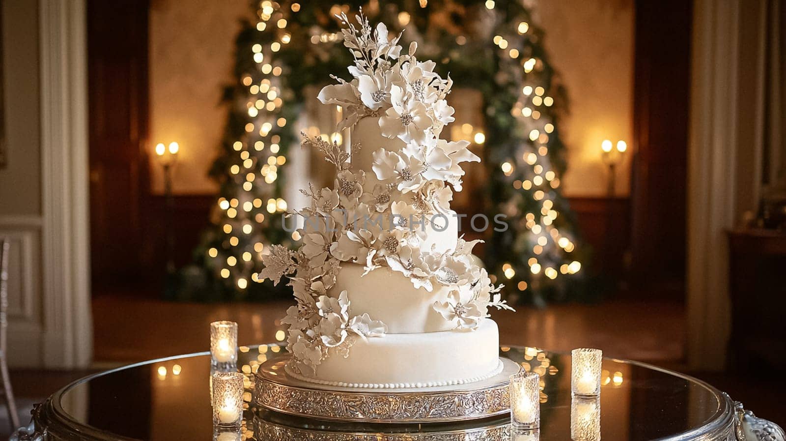 Grand magical winter wedding reception adorned with luxurious decorfation and illumination, creating an enchanting and romantic setting