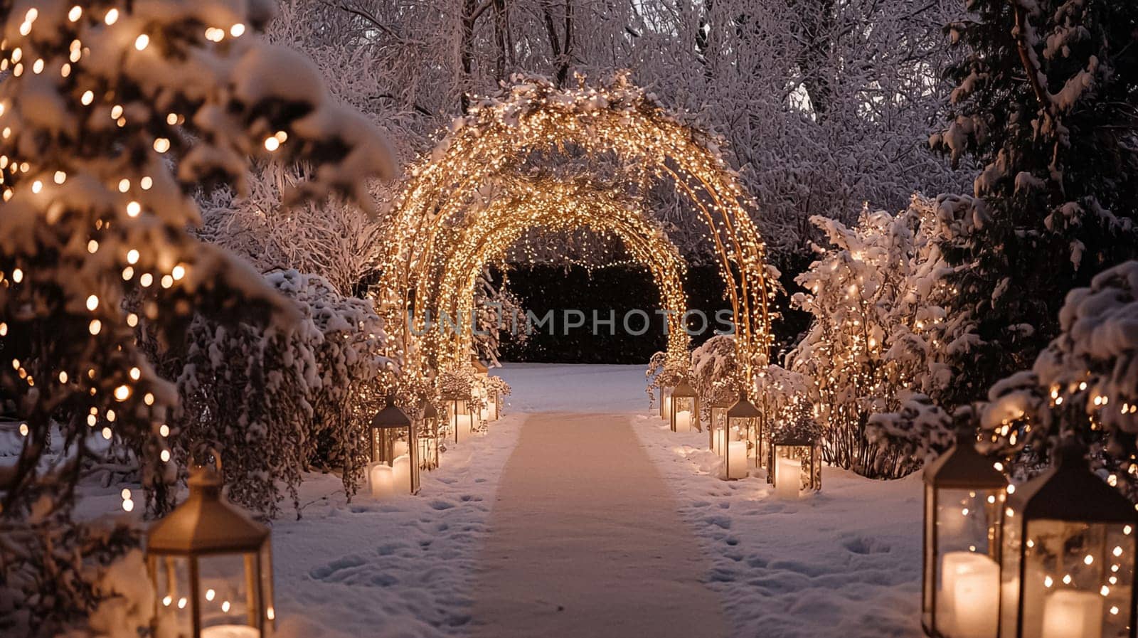 Grand magical winter wedding reception adorned with luxurious decorfation and illumination, creating an enchanting and romantic setting