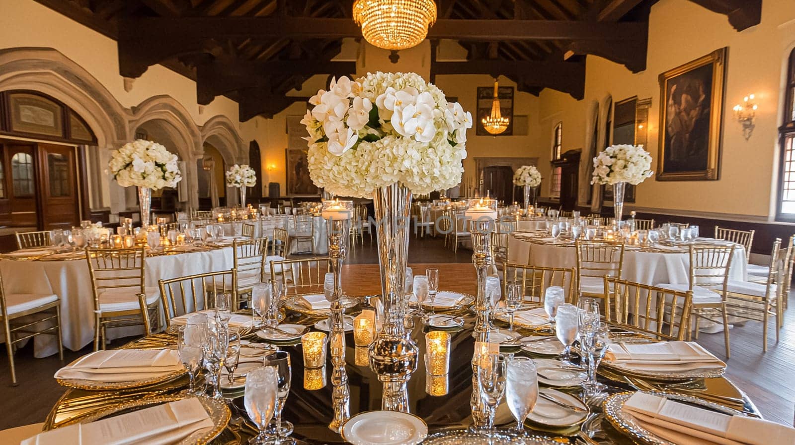 Grand magical winter wedding reception adorned with luxurious decorfation and illumination, creating an enchanting and romantic setting