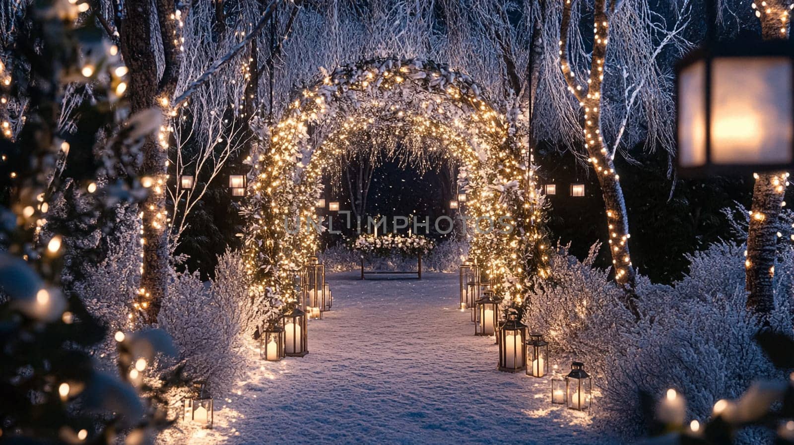 Grand magical winter wedding reception adorned with luxurious decorfation and illumination, creating an enchanting and romantic setting