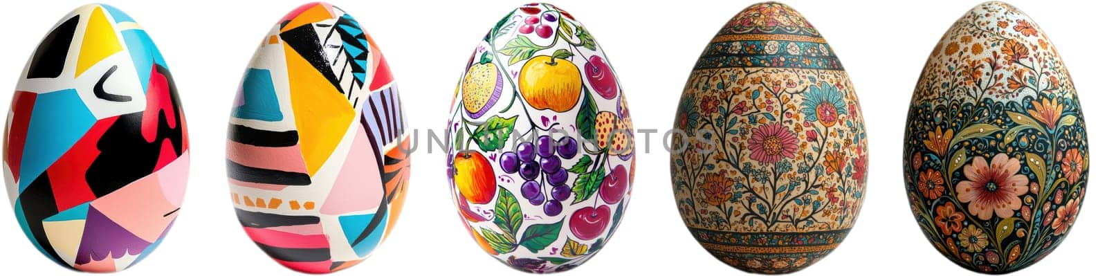 A vibrant display of artistic Easter egg designs with intricate patterns and vivid colors capturing the holiday spirit
